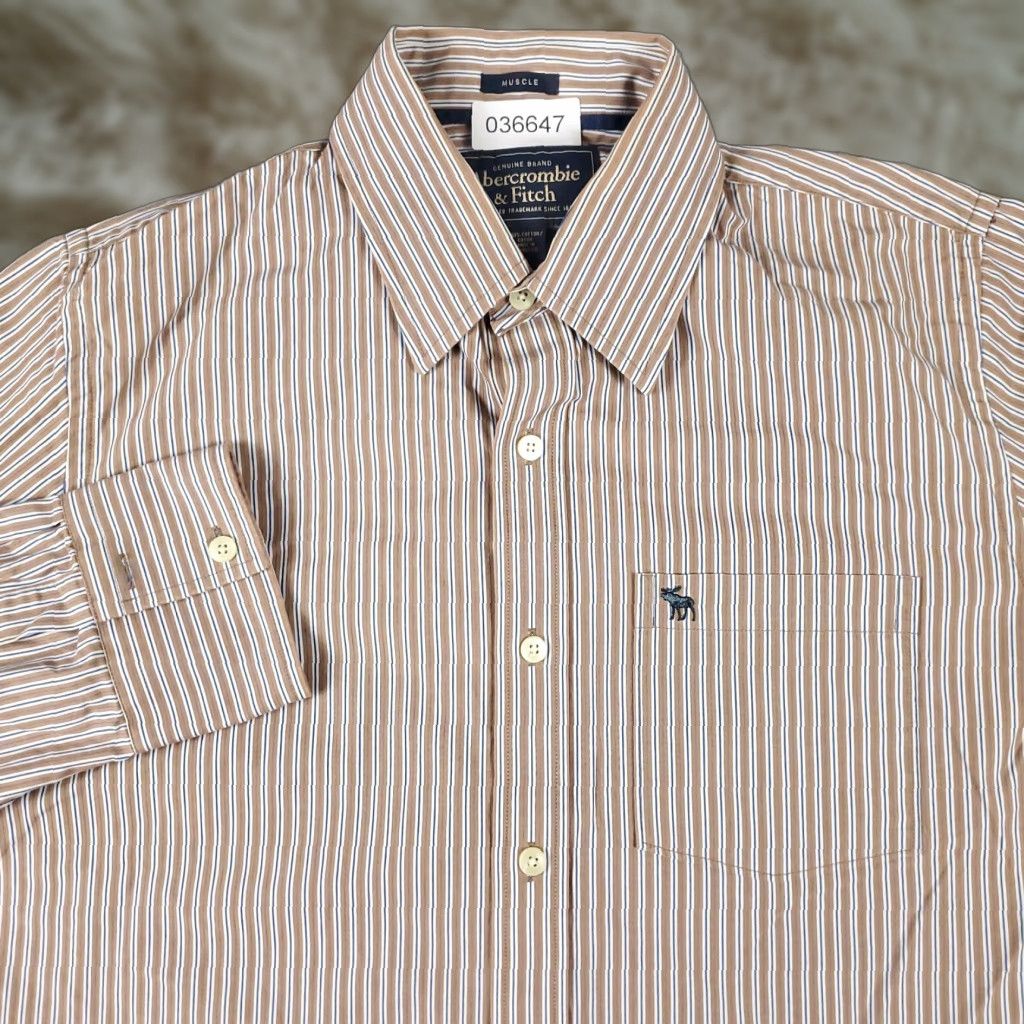 Abercrombie & Fitch Abercrombie & Fitch Shirt Mens XL Brown Striped Button-Up Long Sleeve | Button-Down Collar | Cotton Blend | Regular Fit | Men Size US XL / EU 56 / 4 - 1 Thumbnail