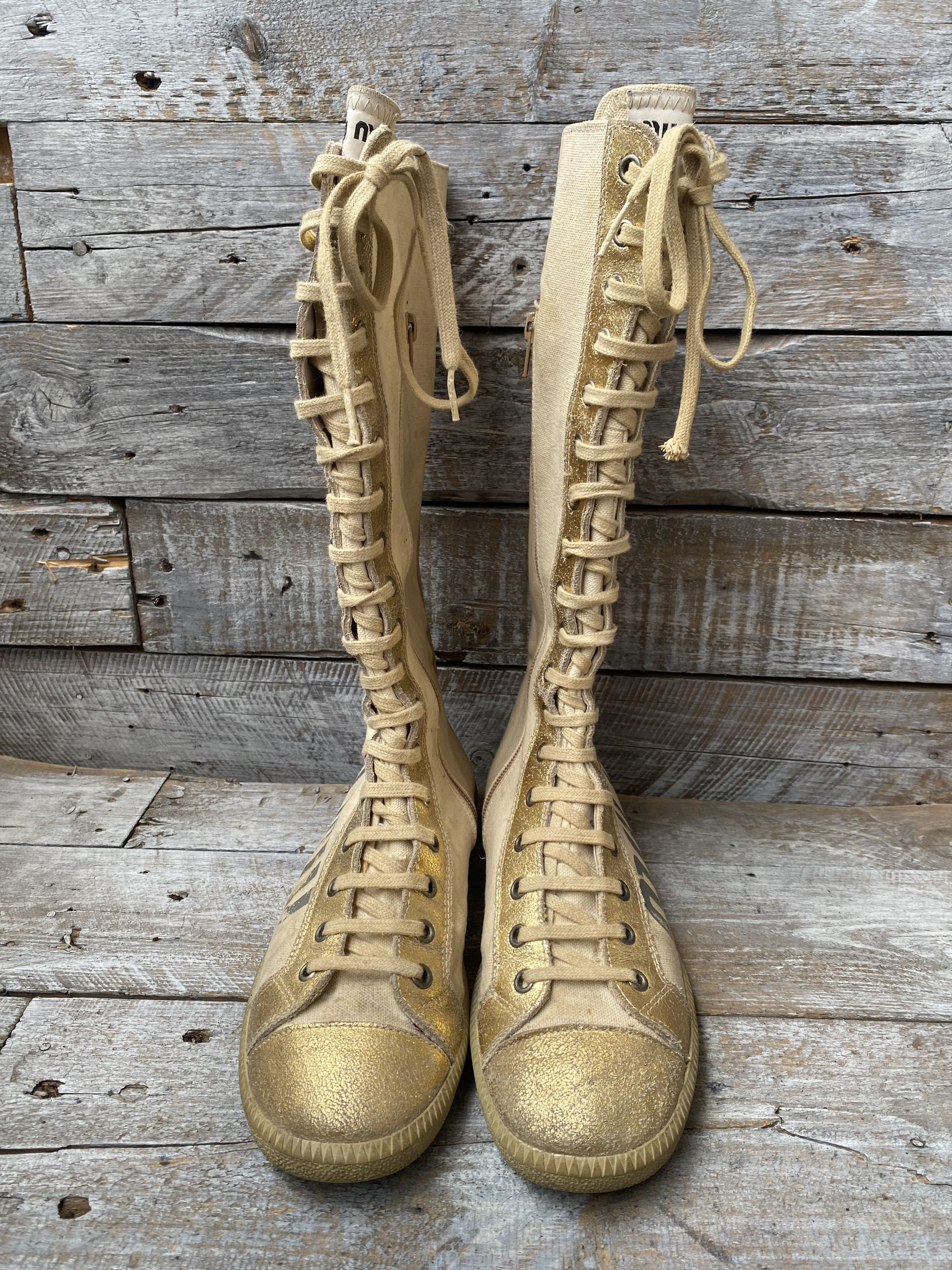 Miu Miu Vintage 90's Miu miu boxing canvas gold sneakers sz38,Y2k Size US 8 / IT 38 - 4 Thumbnail