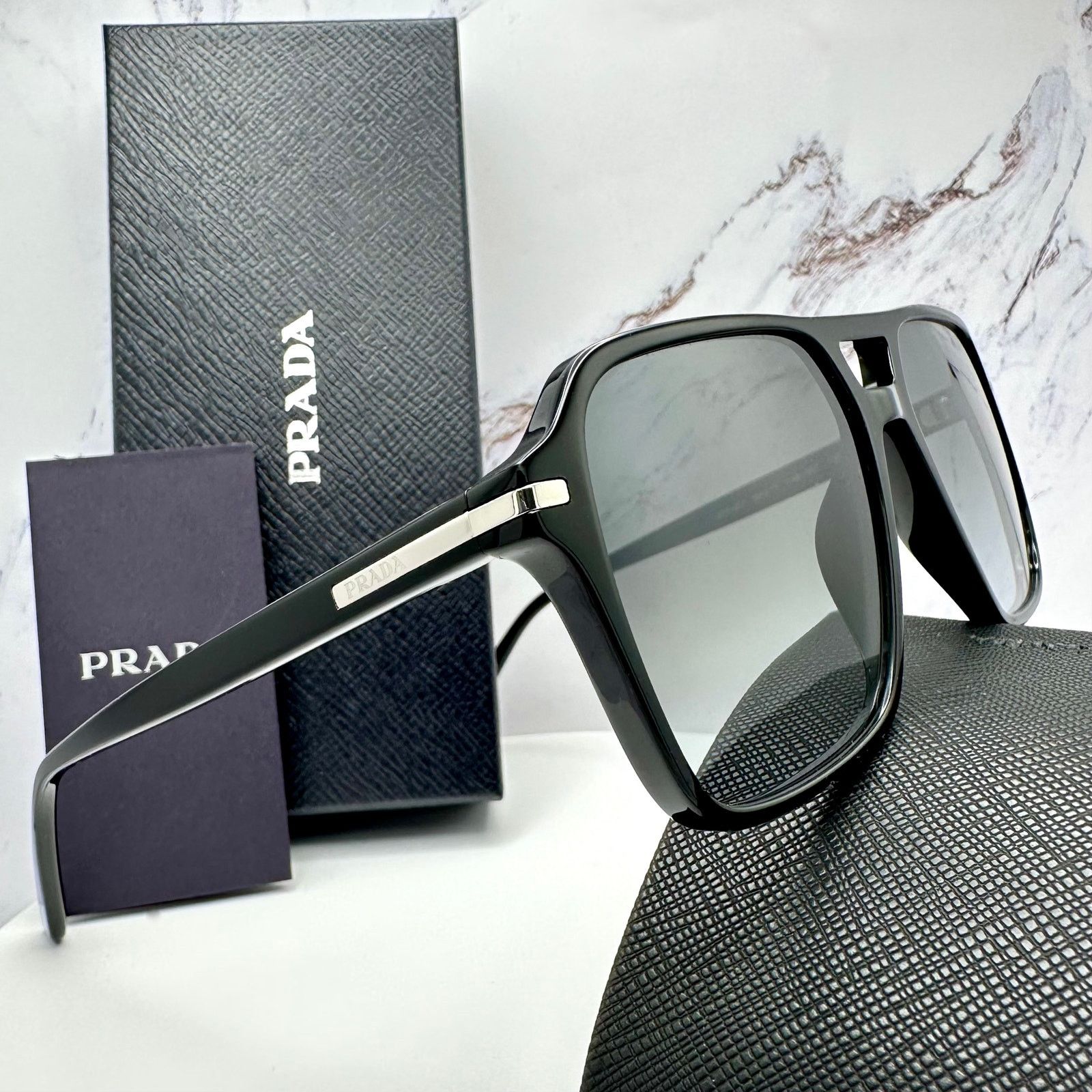 Prada NEW PRADA Sunglasses Black Aviator Pilot Grey Lens Side Logo Size ONE SIZE - 1 Thumbnail