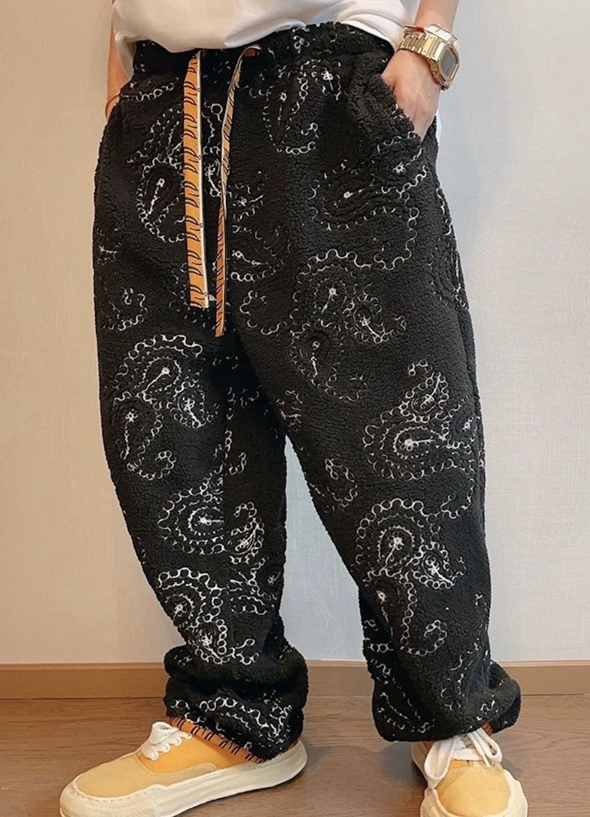 image of Vintage Avant Garde Retro Paisley Fleece Pants With Tiger Embroidery in Black, Men's (Size 33)