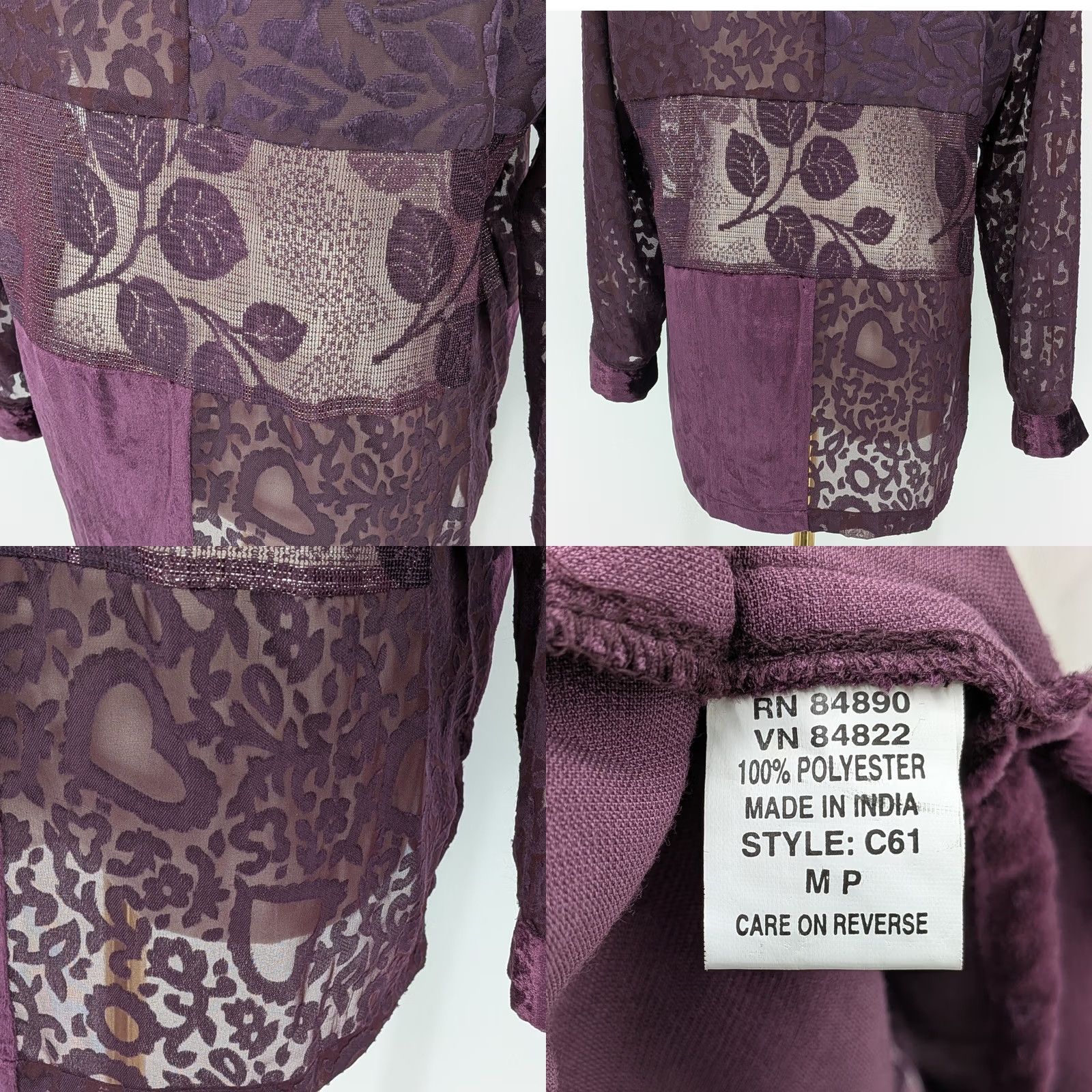 Vintage VINTAGE Sara Morgan Patchwork Burnout Velvet Jacket – Plum Purple, MP Size M / US 6-8 / IT 42-44 - 8 Thumbnail