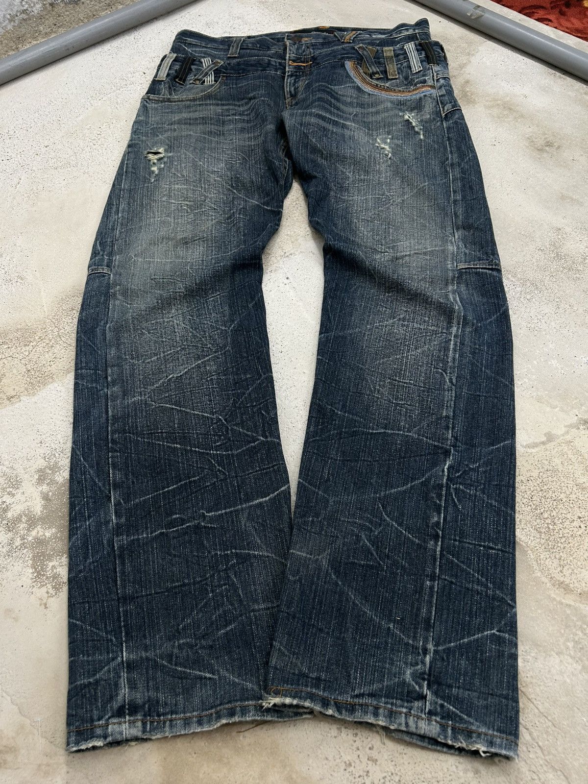 Japanese Brand Vintage Dominate Double Waist Whisker Clawn Mark Distressed Size US 35 - 1 Thumbnail