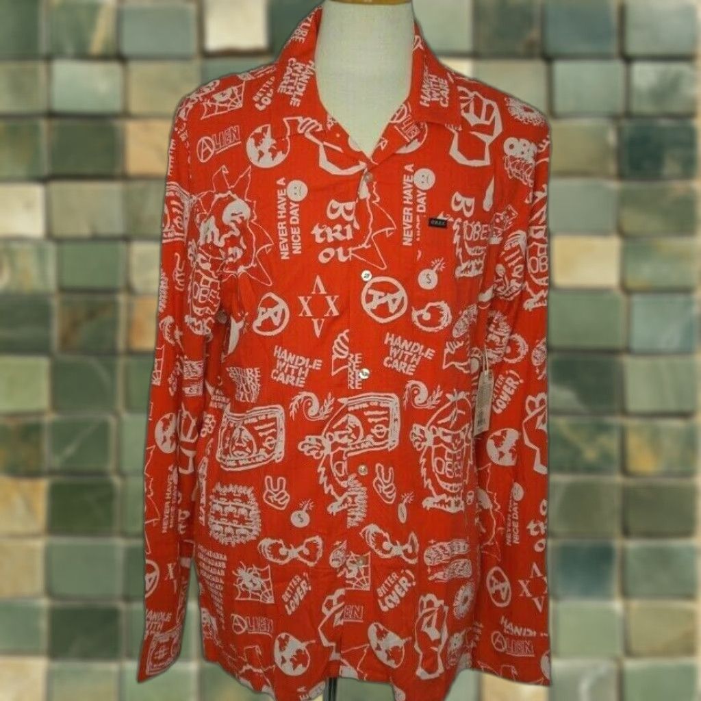 OBEY Worldwide Men Medium Shirt Button-Down Flash Woven Chest Pocket Long Sleeve Orange Cotton