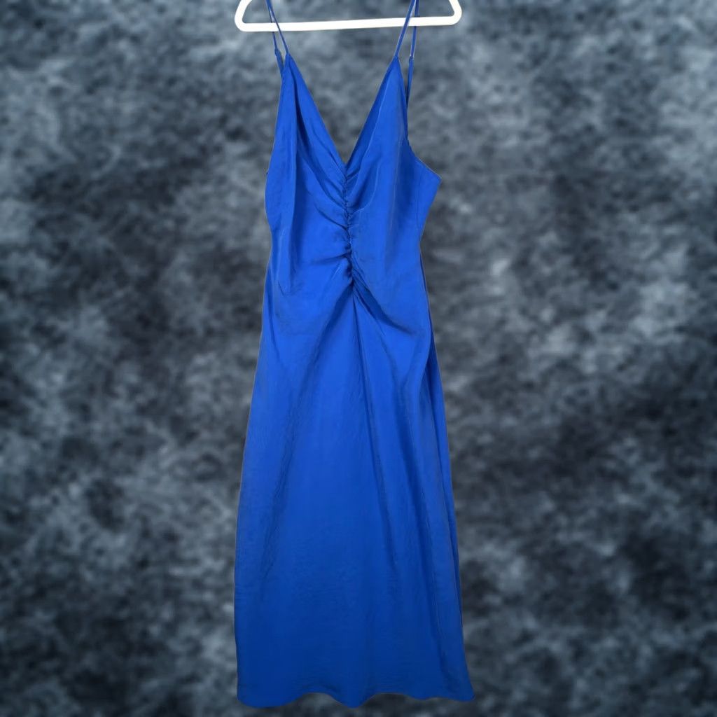 Zara Zara Womens Medium Blue Spaghetti Strap Ruched V Neck Midi Dress
