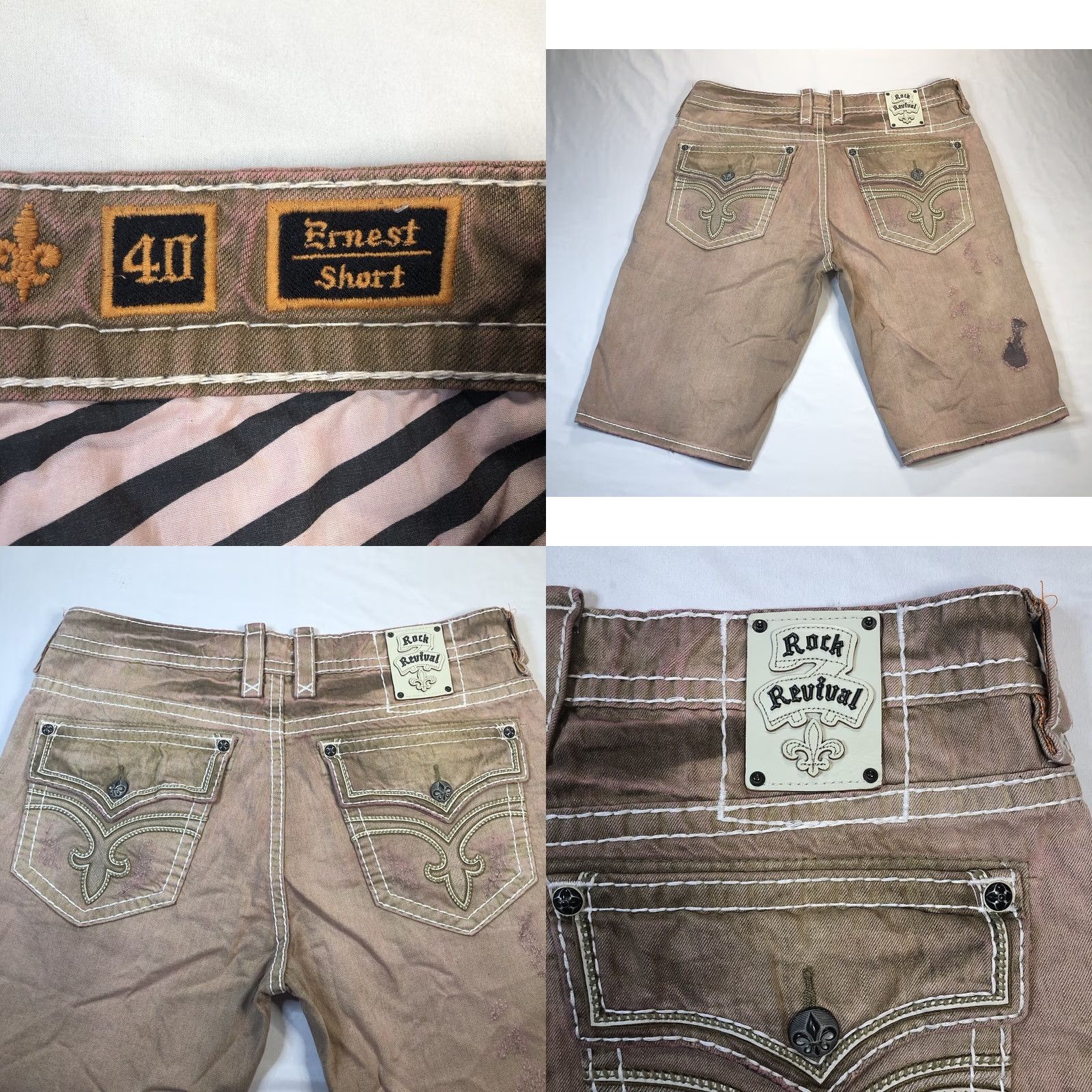 Vintage Rock Revival Ernest Mens 40 Pink Jean Shorts Studded Patchwork Distressed 13" Inseam Regular Fit Blood Line Rock Revival Ernest Men's Shorts Size US 40 / EU 56 - 9 Thumbnail