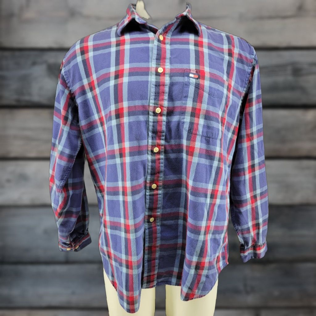 Tommy Hilfiger VINTAGE Tommy Hilfiger Shirt Mens Flannel Cotton Plaid Blue Box Logo Flag 1990s Size M Size US M / EU 48-50 / 2 - 1 Thumbnail