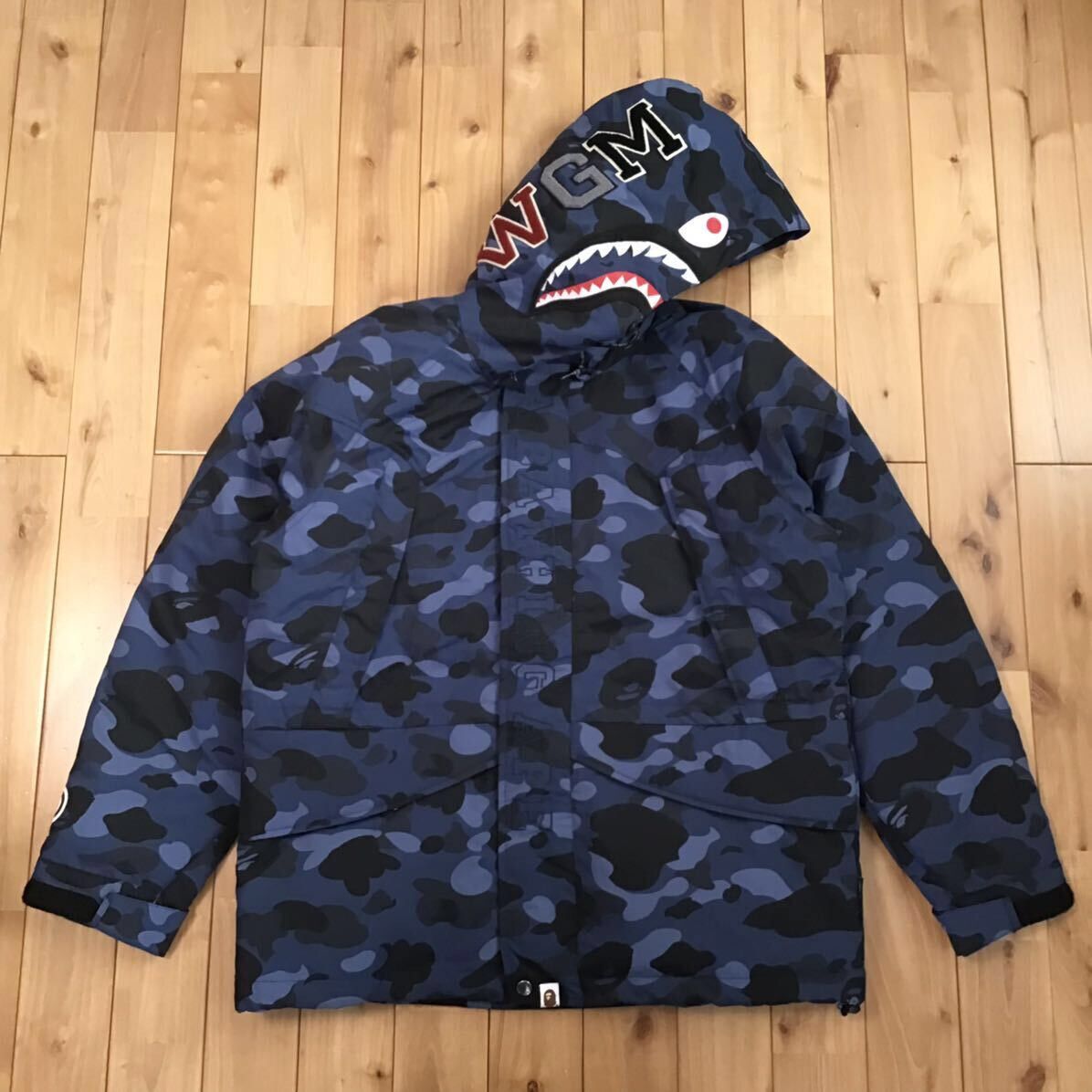 image of Bape Shark Hoodie Snowboard Puffer Down Jacket Blue Camo Ape, Men's (Size Large)
