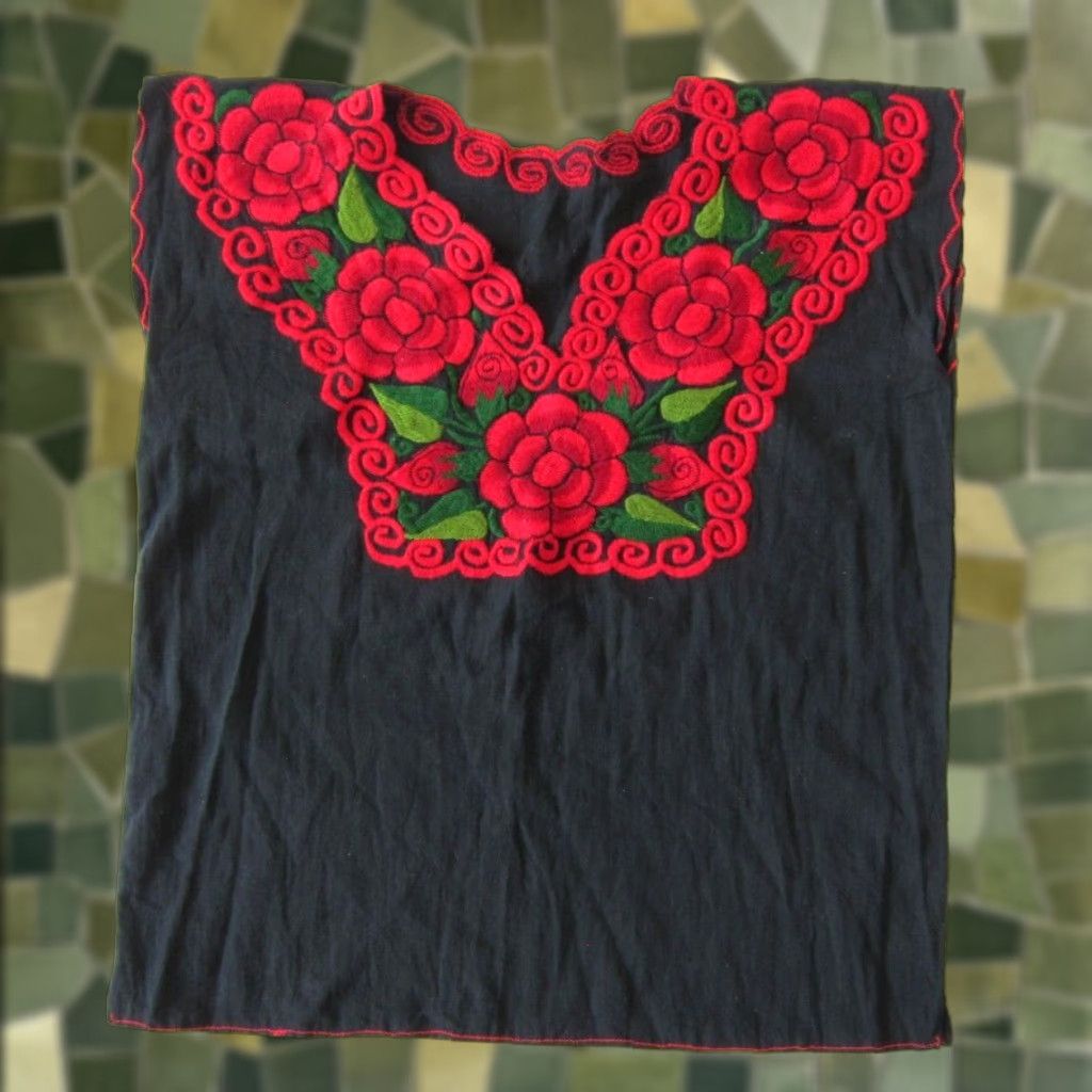 Vintage VINTAGE Handmade Ethnic Cotton Black Red Embroidered Floral Peasant Blouse M-L Size L / US 10 / IT 46 - 1 Thumbnail