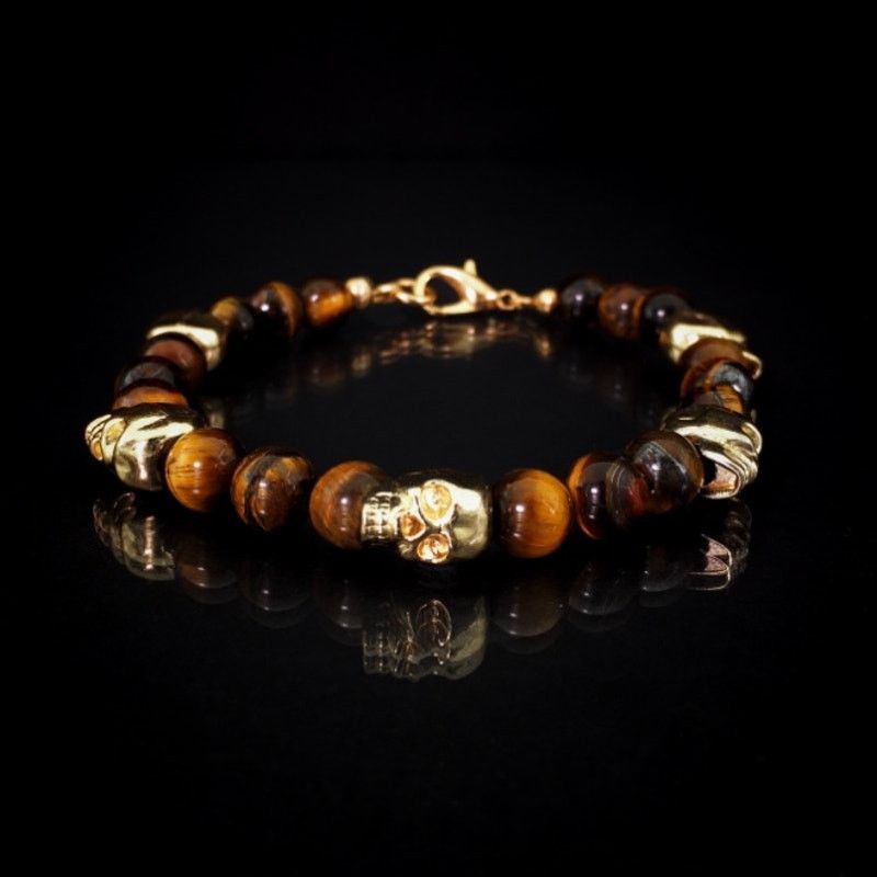 Handmade 💀 Gold Skull and Genuine Tiger’s Eye Beaded Bracelet Size ONE SIZE - 1 Thumbnail