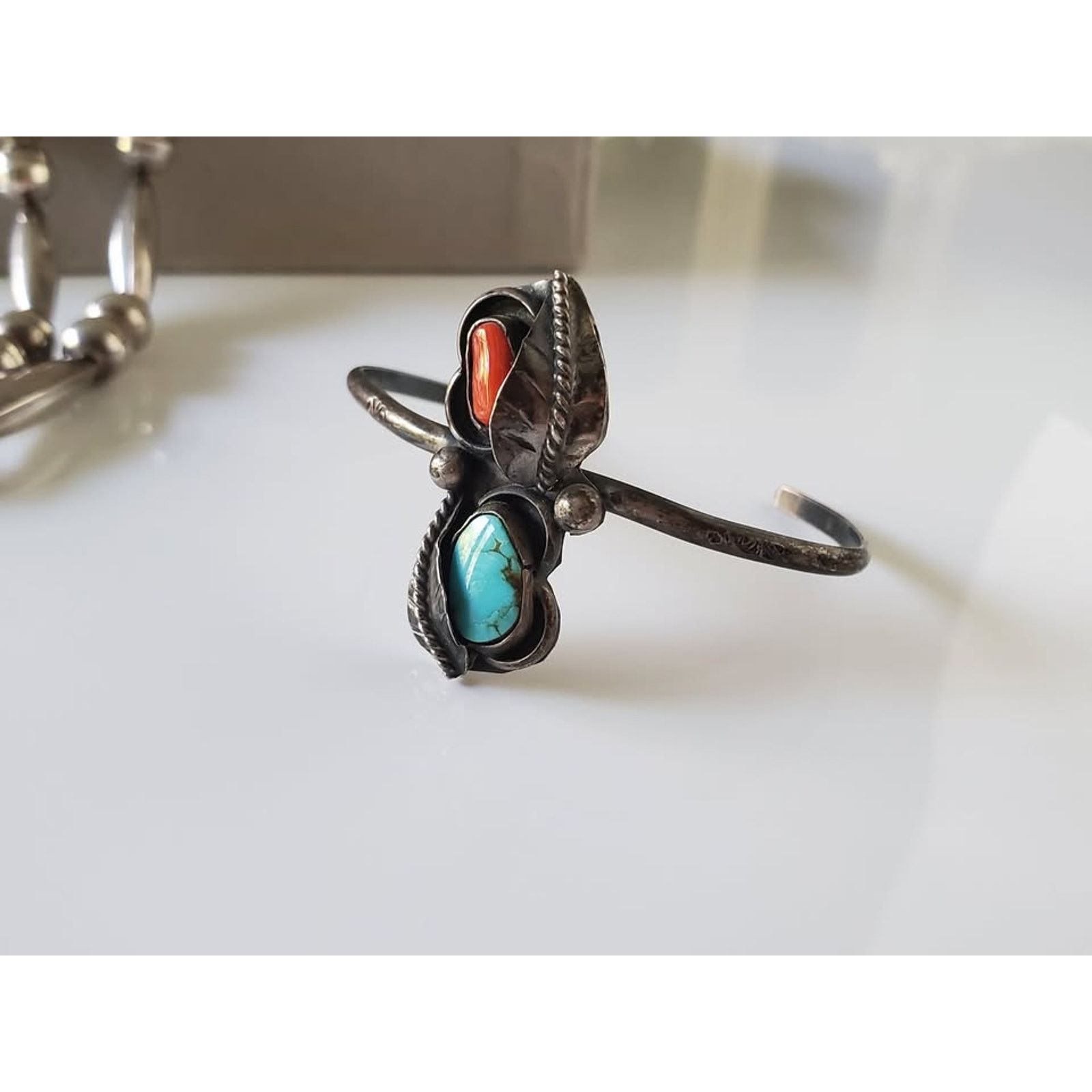 Other Vintage Turquoise and Coral Navajo Sterling Child Bracelet Size ONE SIZE - 7 Thumbnail