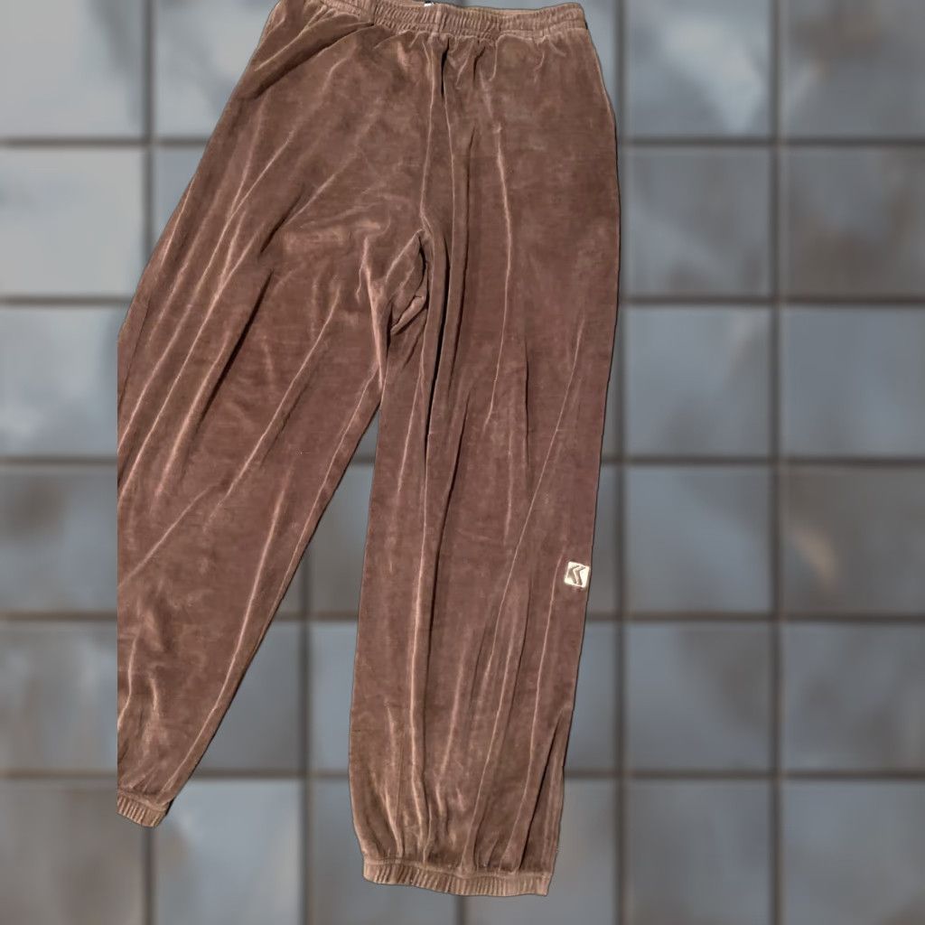 VINTAGE Karl Kani Velour Pants Men's XL Brown Hip Hop 90s Zipper Left Angle
