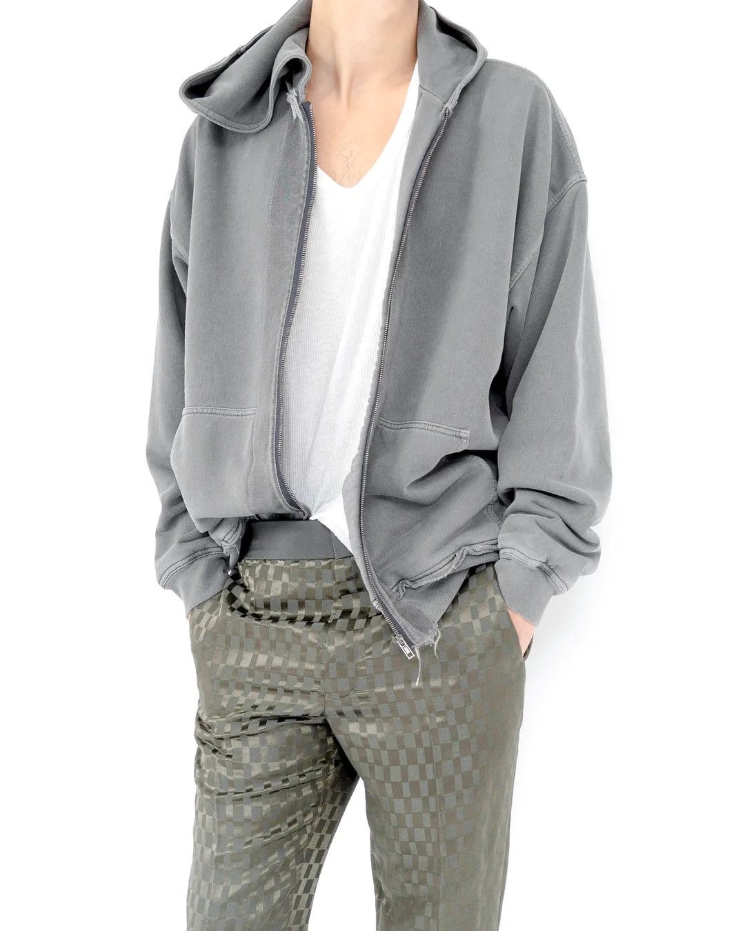 Haider Ackermann Washed Grey Distressed Double Layer Zip-Hoodie Size US L / EU 52-54 / 3 - 10 Thumbnail