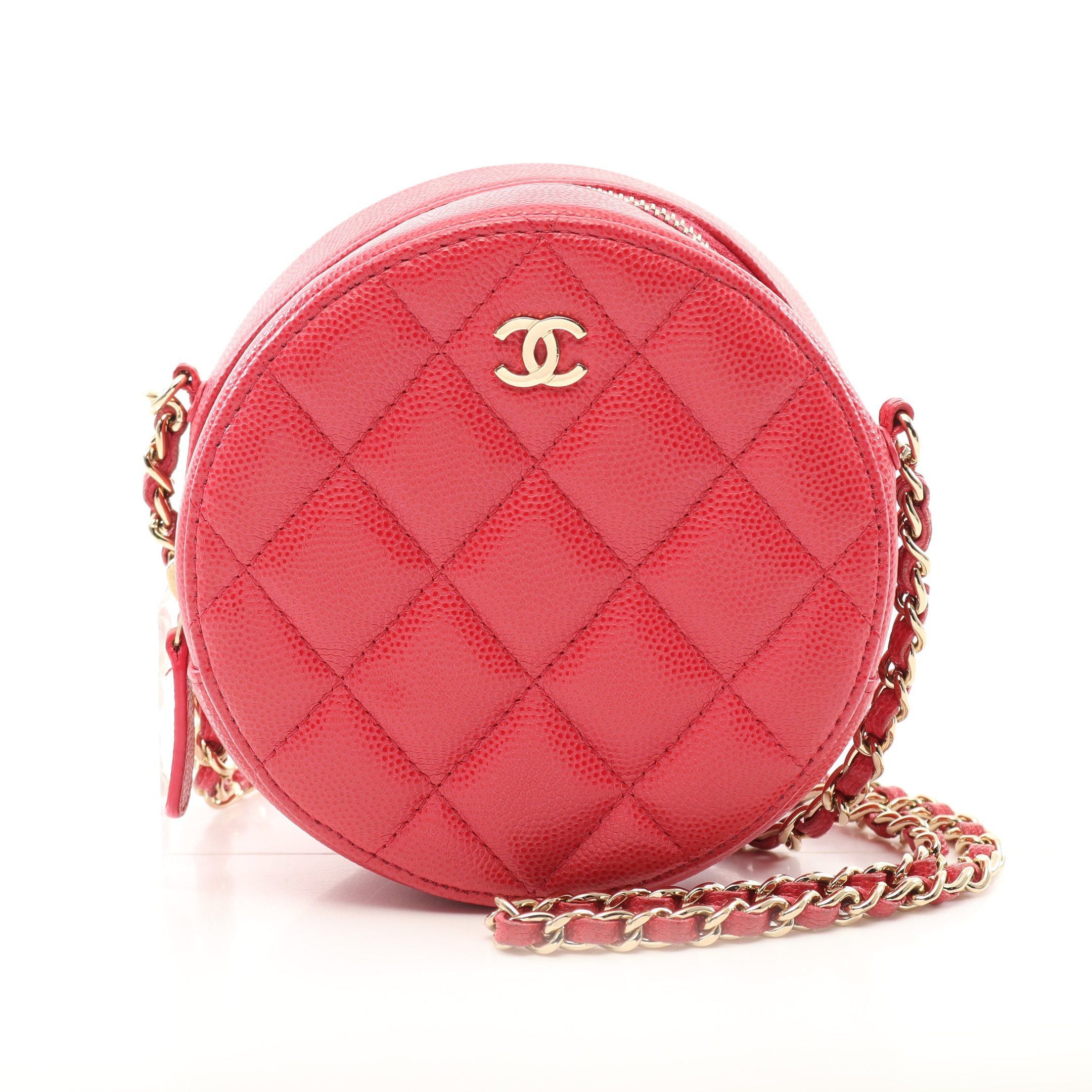 Chanel Matelasse Round Mini Chain Shoulder Bag Caviar Skin Red Gold Hardware, Women's