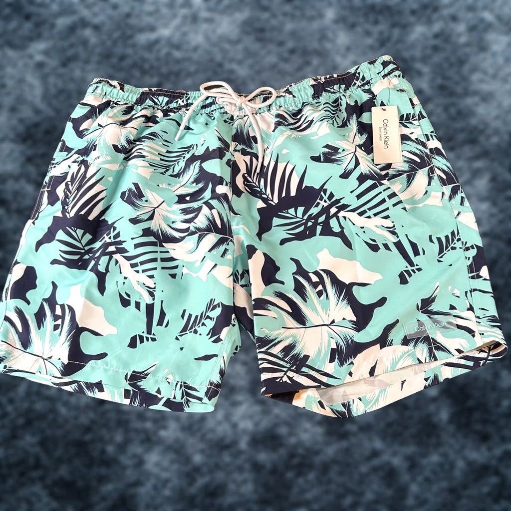 Calvin Klein Calvin Klein Swim Trunks Palm Leaf Print Drawstring Shorts Blue Mens XXL 40" NWT Size US 39 - 1 Thumbnail