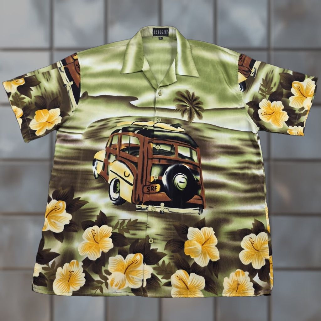 ALOHAS VINTAGE Ferugini! Hawaiian Button Up Shirt Mens XL Green Floral Surf Wagon Aloha Shirt Size US XL / EU 56 / 4 - 1 Thumbnail