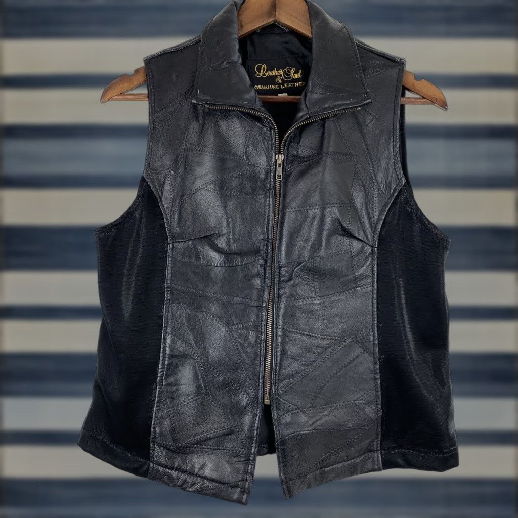 VINTAGE Leather Soul Black Patchwork Leather Zip Vest Women's