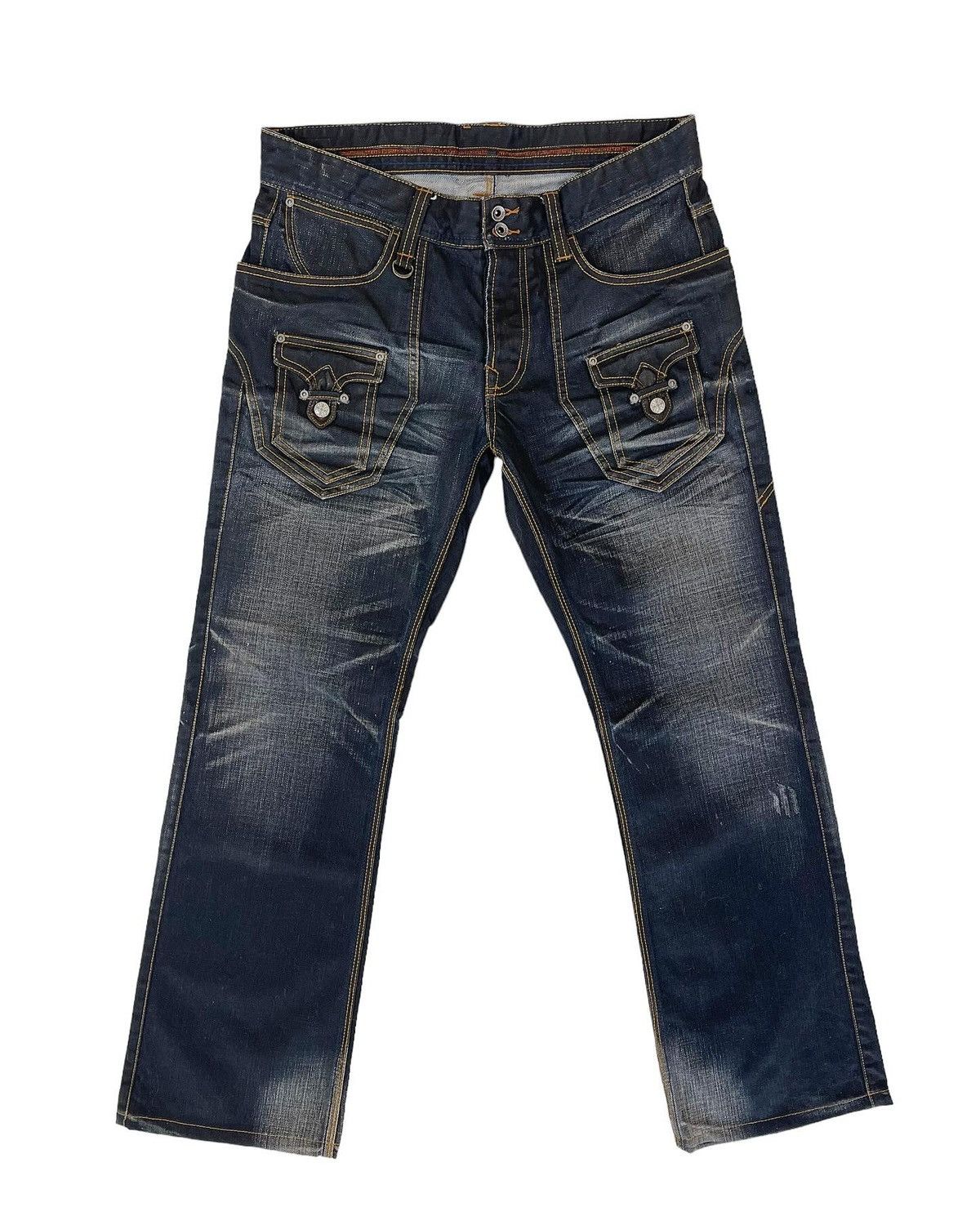 image of Matsuda x Nicole Club Claw Mark Asymmetric Bootcut Flare Bush Hardware Denim in Blue (Size 31)