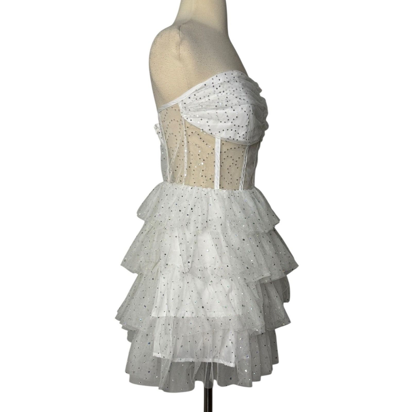 Other Iridescent Sparkly Tiered Tulle Mini Dress Mesh Corset Boned Size L / US 10 / IT 46 - 6 Thumbnail