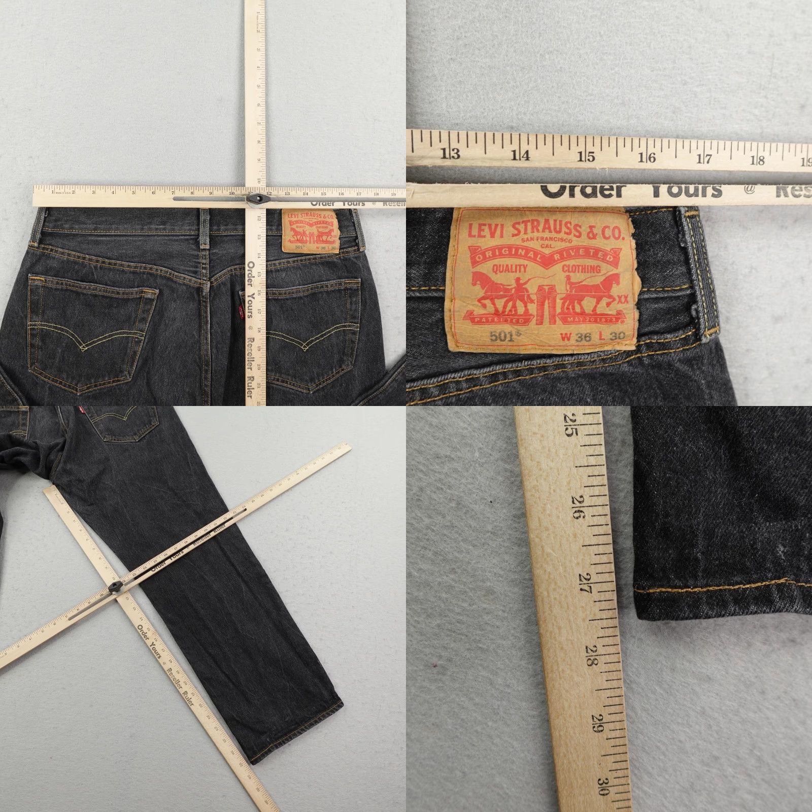 Levi's Levis Jeans Mens 36x30 Black Denim 501 Button Fly Classic Straight Leg Red Tab Size US 36 / EU 52 - 8 Thumbnail