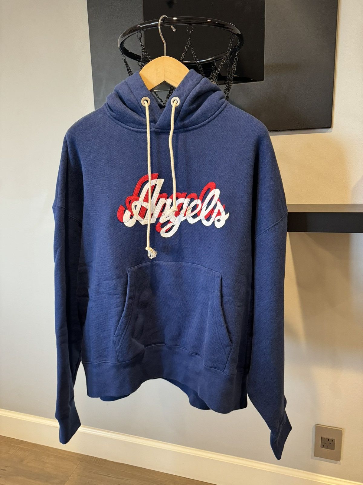 image of Palm Angels Blue Script Logo Hoodie, Men's (Size XL)