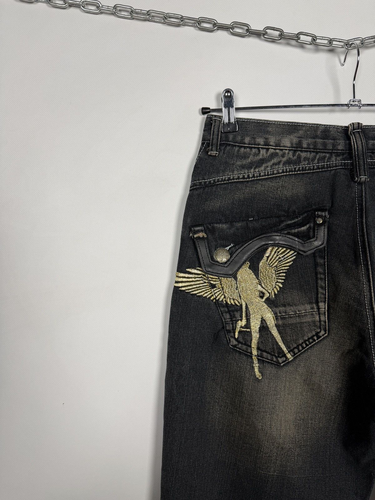 Vintage Y2K Black Wash Denim Jeans Pegasus Embroidery Winged Horse Size US 34 / EU 50 - 13 Thumbnail