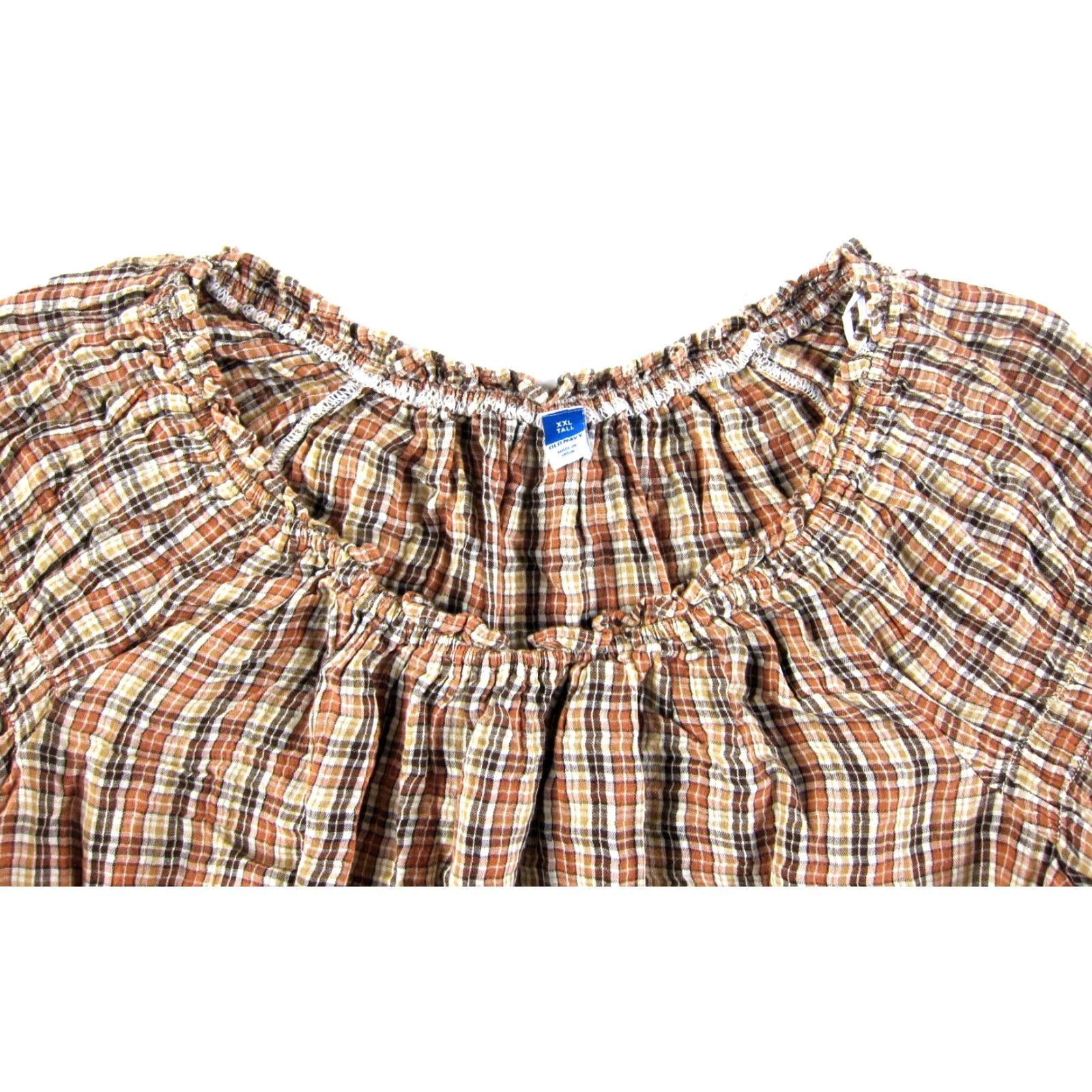 Old Navy Old Navy Blouse 2XL Tall Shirt Womens Tunic Off Shoulder Plaid 100% Cotton Brown Peasant 90s? Size XXL / US 16-18 / IT 52-54 - 4 Thumbnail