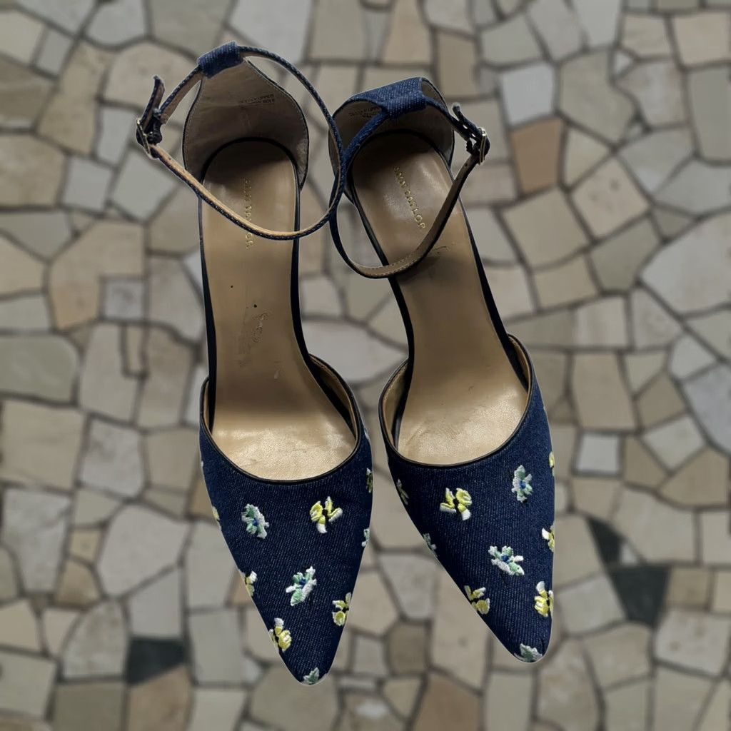 Ann Taylor Ann Taylor Denim Block Heel Floral Embroidered Pumps Womens 9 Blue Block Heel Pump Woman Shoes Size US 9 / IT 39 - 1 Thumbnail