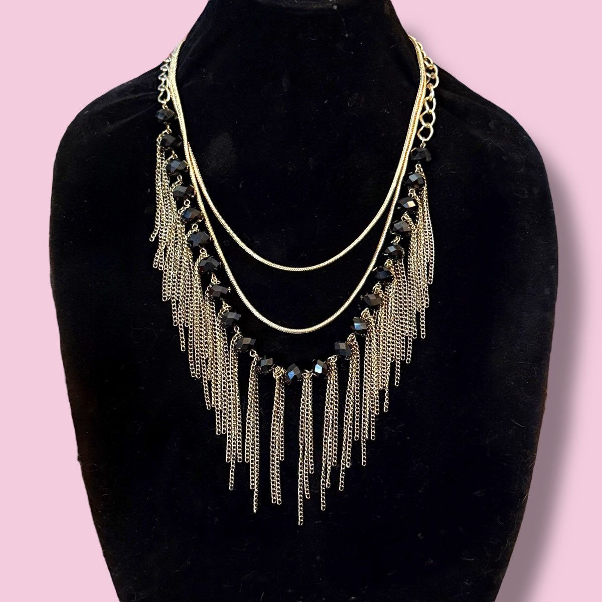 Other Gold tone multi strand black faceted bead fringe necklace Size ONE SIZE - 1 Thumbnail