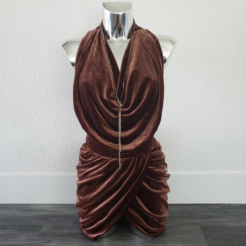 Designer Chocolate Velvet Classic Ruched Halter Midi Size S / US 4 / IT 40 - 1 Thumbnail