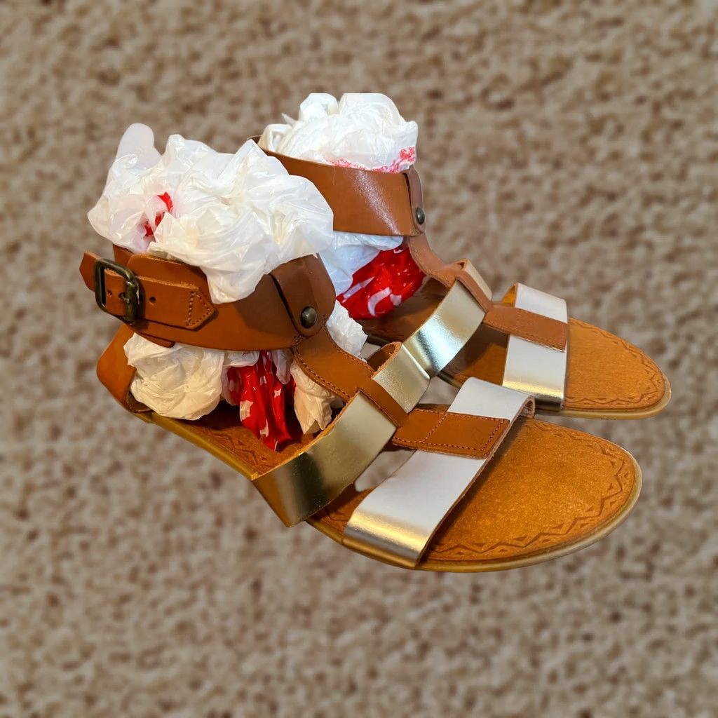 Vintage Mariella Brown Leather Caged Ankle Open Toe Sandal Flats New Women's 8.5 Made in Italy Size US 9 / IT 39 - 1 Thumbnail