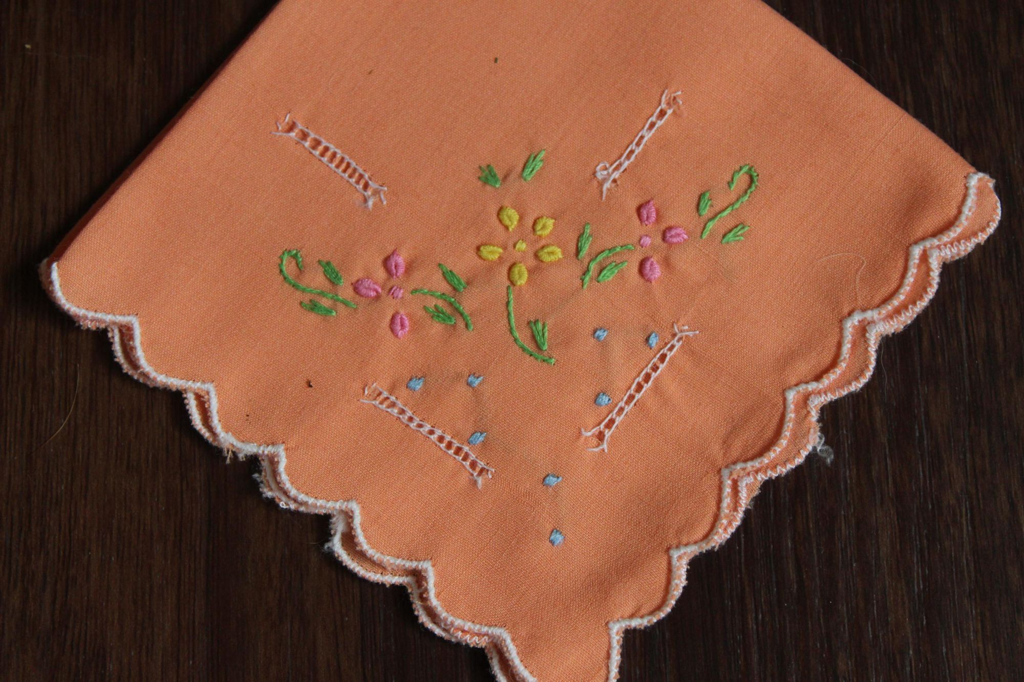 Vintage Vintage Handkerchief, Orange Cotton with Floral Embroidered Size ONE SIZE - 2 Thumbnail