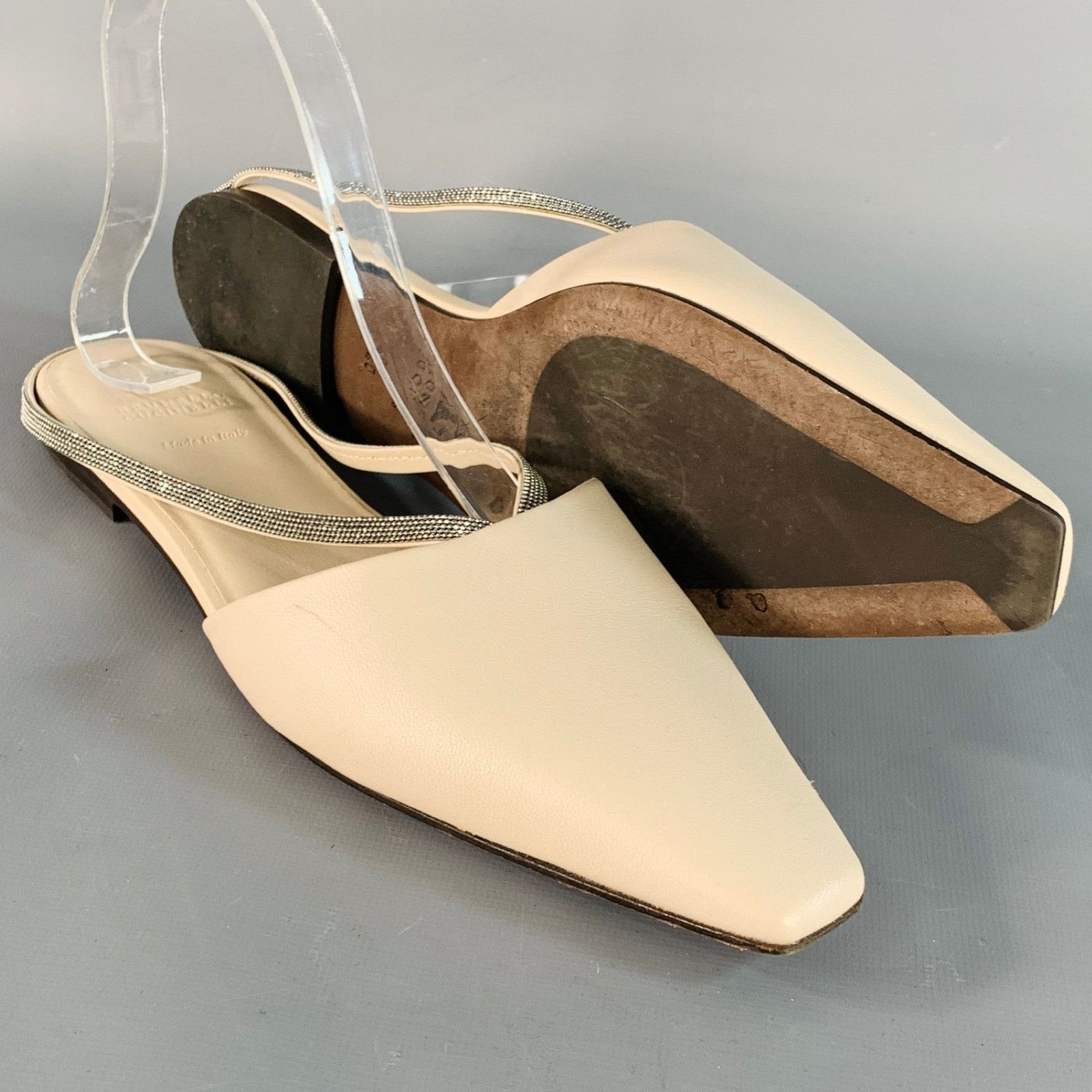 Brunello Cucinelli BRUNELLO CUCINELLI Beige Silver Leather Monili Slip On Flats Size US 10 / IT 40 - 5 Thumbnail