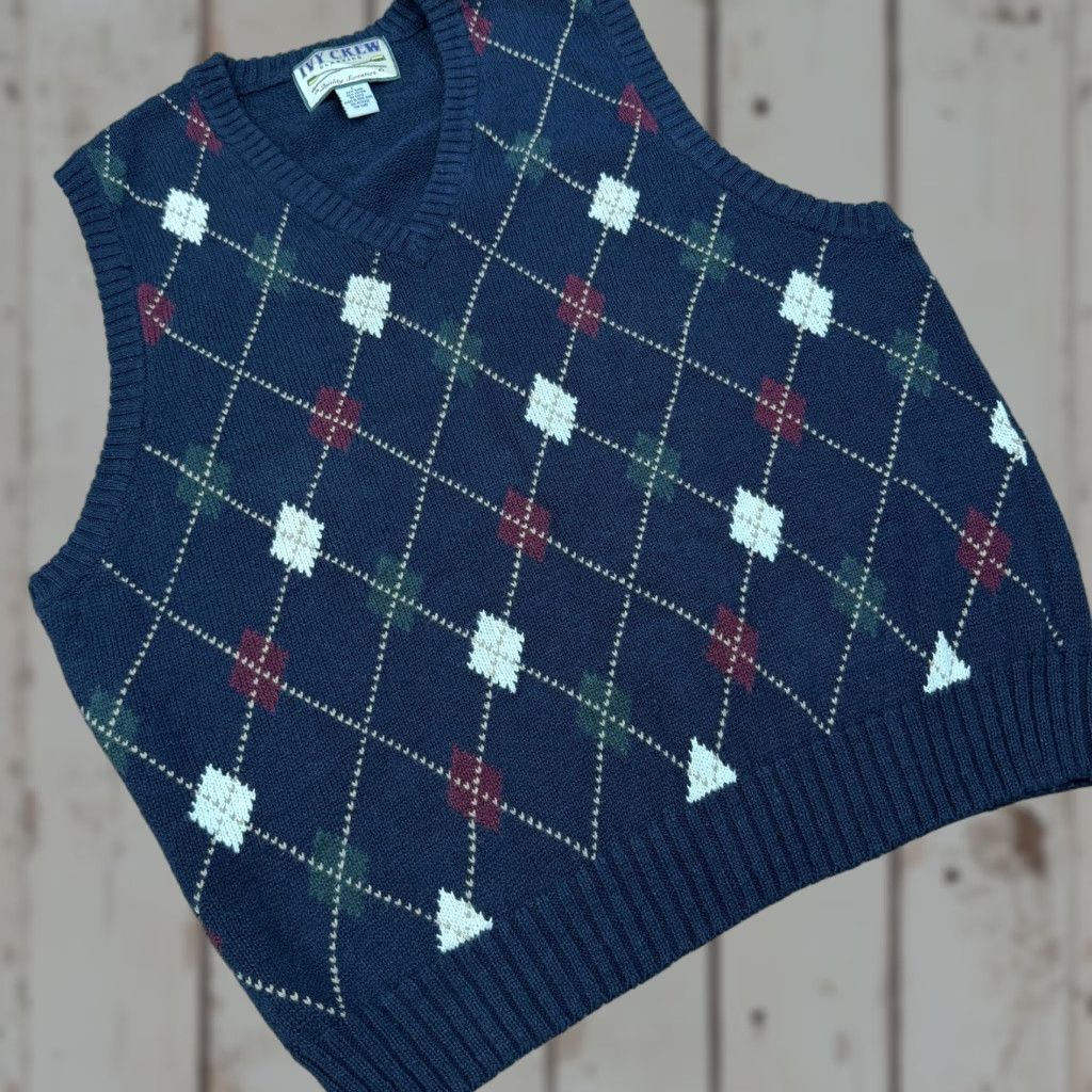 J.Crew Vintage Blue Argyle Knit Sweater Vest - Mens Large Ramie Cotton, V-Neck, Tight-Knit, 90s Preppy, Hong Kong, J.CREW, Ivy Crew, Woolless? Size US L / EU 52-54 / 3 - 1 Thumbnail