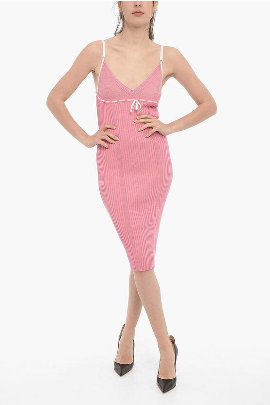 image of Cormio Knitted Ribbed Naomi Bodycon Dress With Velvet Ribbon in Pink, Women's (Size Small)