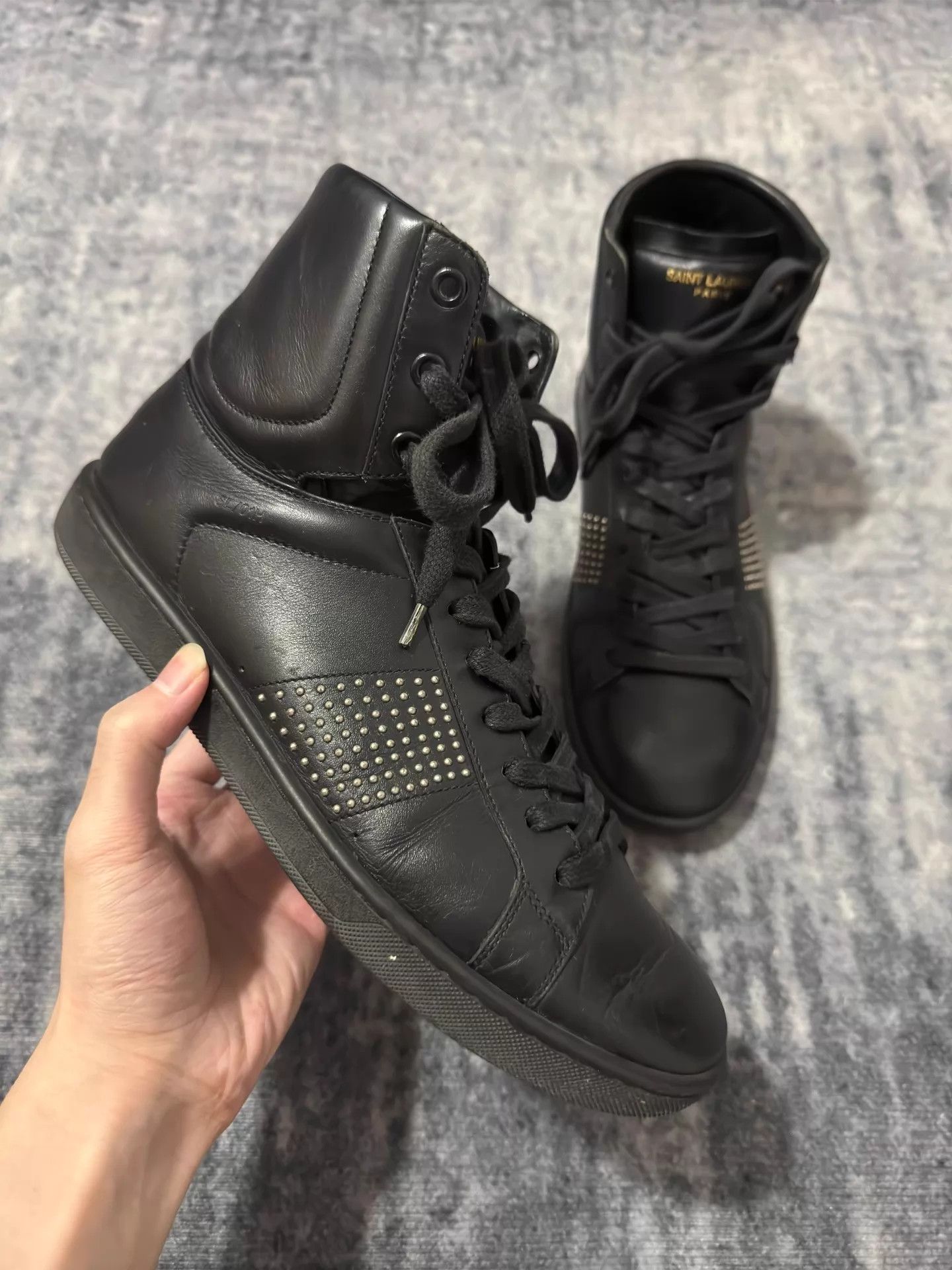 Saint Laurent Paris SLP 13ss Blackout Oil Leather High Top Rivet Skate Size US 6.5 / EU 39-40 - 2 Thumbnail