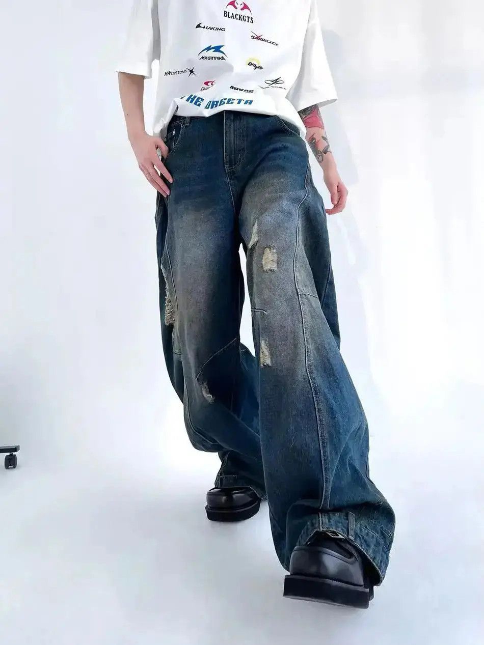 Japanese Brand Streetwear Ripped Distressed Hip Hop Wide Leg Jeans Pants Size US 30 / EU 46 - 5 Thumbnail