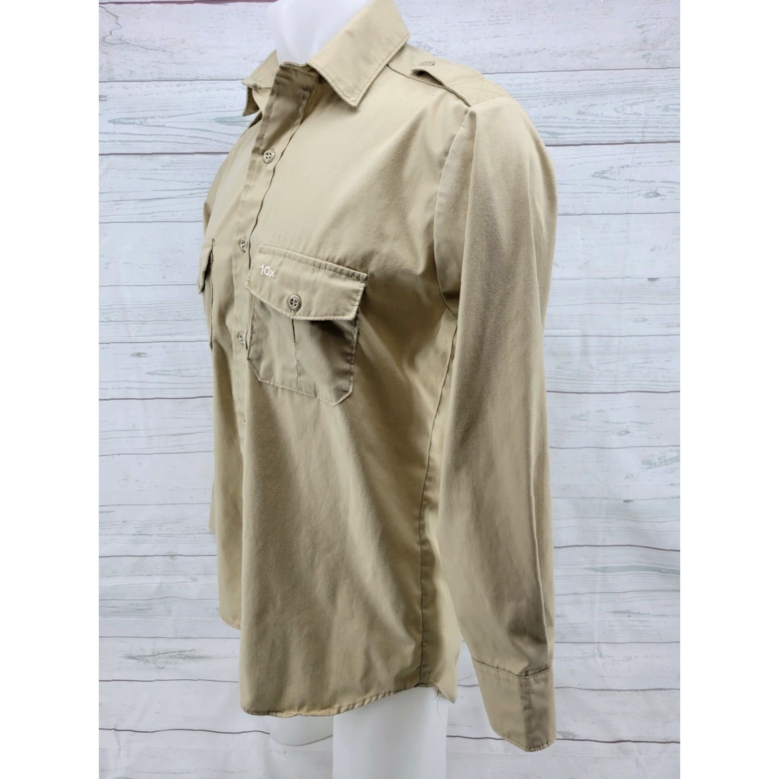 Vintage 10X Shirt Long Sleeve Tan Khaki Button-Front Canvas Polyester Beig​e Beige Casual Men Size L Vintage: No Mens Size US L / EU 52-54 / 3 - 2 Thumbnail