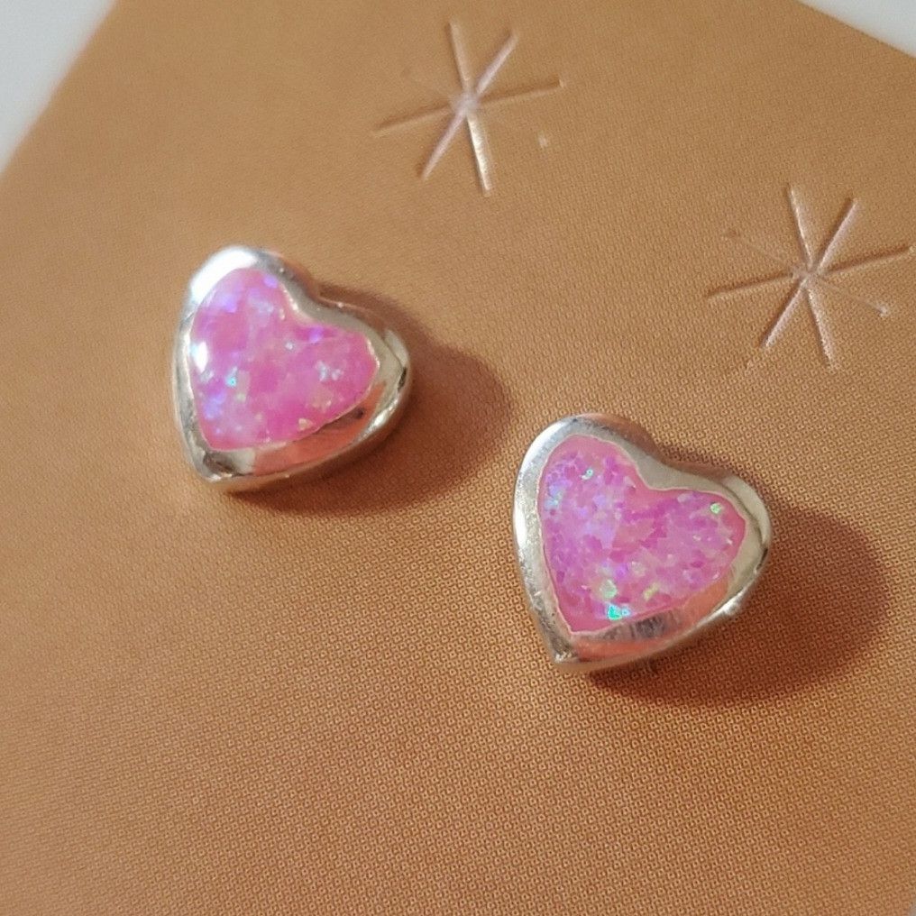 Other Opal Heart 925 Earrings Sterling Silver Pink Pierced Studs Size ONE SIZE - 3 Thumbnail