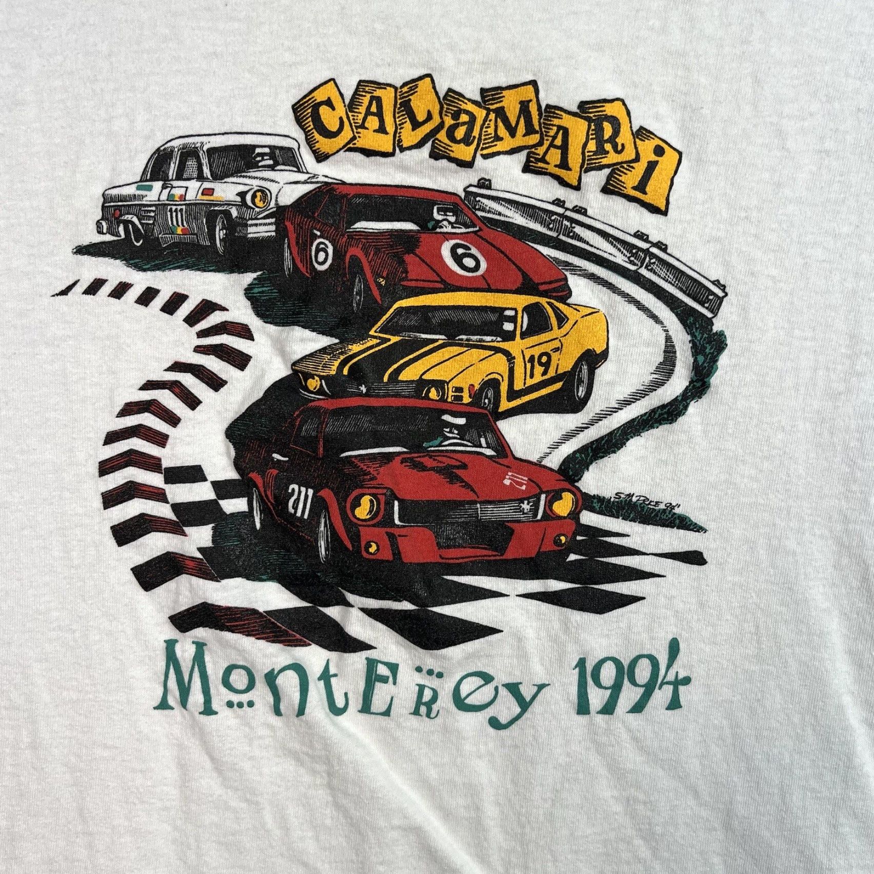 Vintage VINTAGE 1990s Monterey Calamari Muscle Car Racing T Shirt Men's XL White Graphic Tee Sportswear/Beach Cropped Size US XL / EU 56 / 4 - 4 Thumbnail