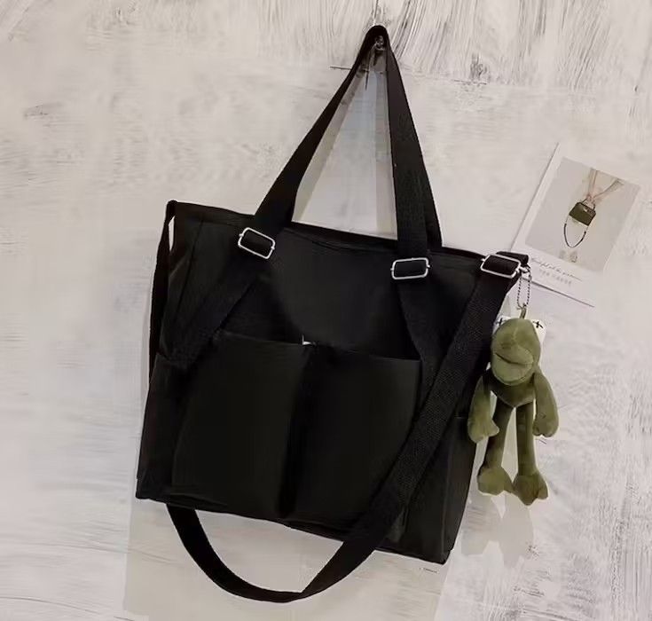 Japanese Brand Black Color Simple Fashion Nylon Tote Bag Size ONE SIZE - 7 Thumbnail