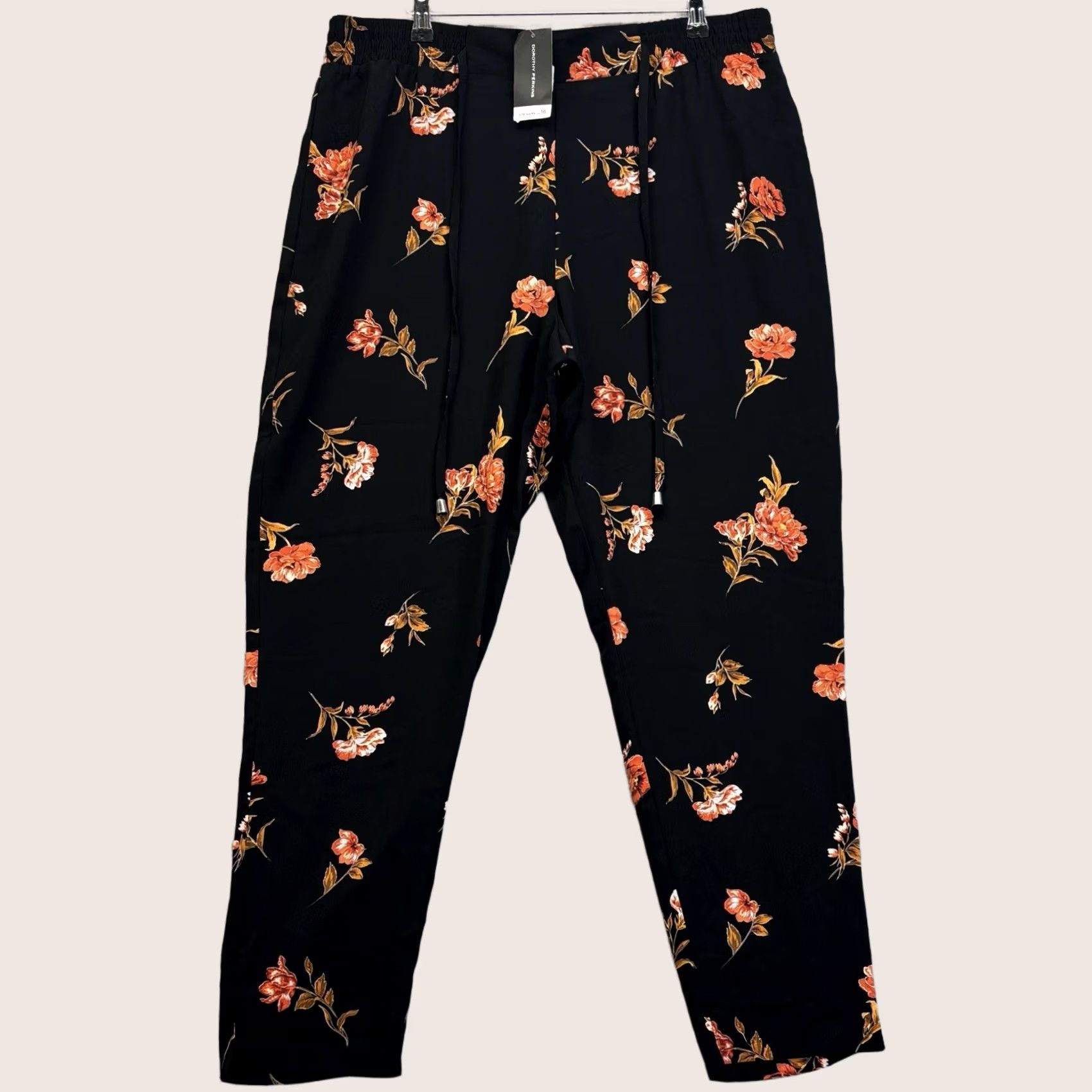 Vintage Dorothy Perkins Trousers Women Floral Print Black/Multi 16 BNWT Casual Party/Cocktail Travel Regular Front Flat Drawstring Size 38" / US 16 / IT 52 - 1 Thumbnail