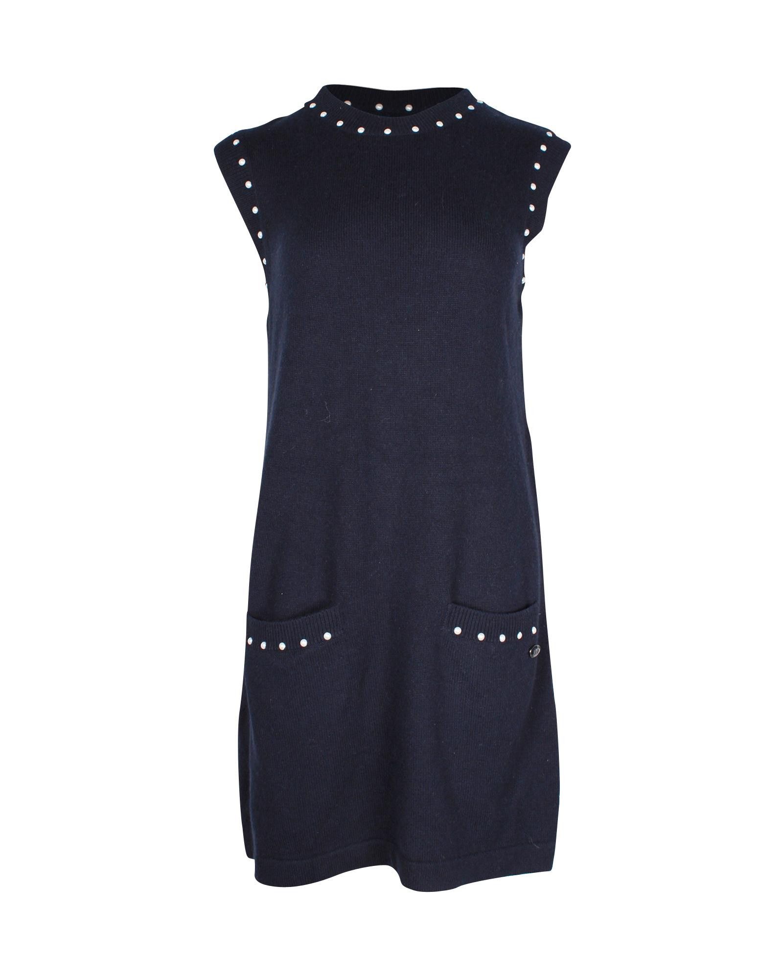 image of Navy Blue Knit Shift Dress With Pearl Embellishments By Chanel in Blue/Navy Blue, Women's (Size XS)