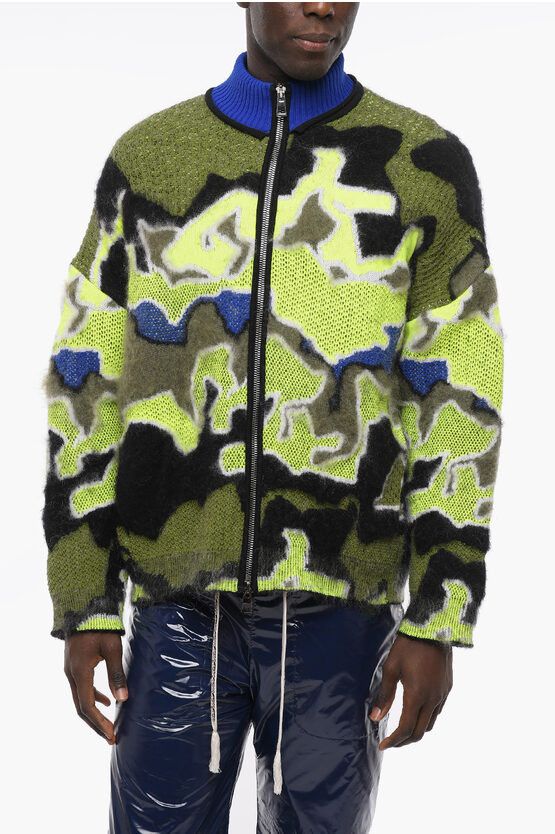 image of Loewe Multicolor Mohair Blend Cardigan With Fluorescent Details in Blu/Fantasia Astratta/Giallo (Si