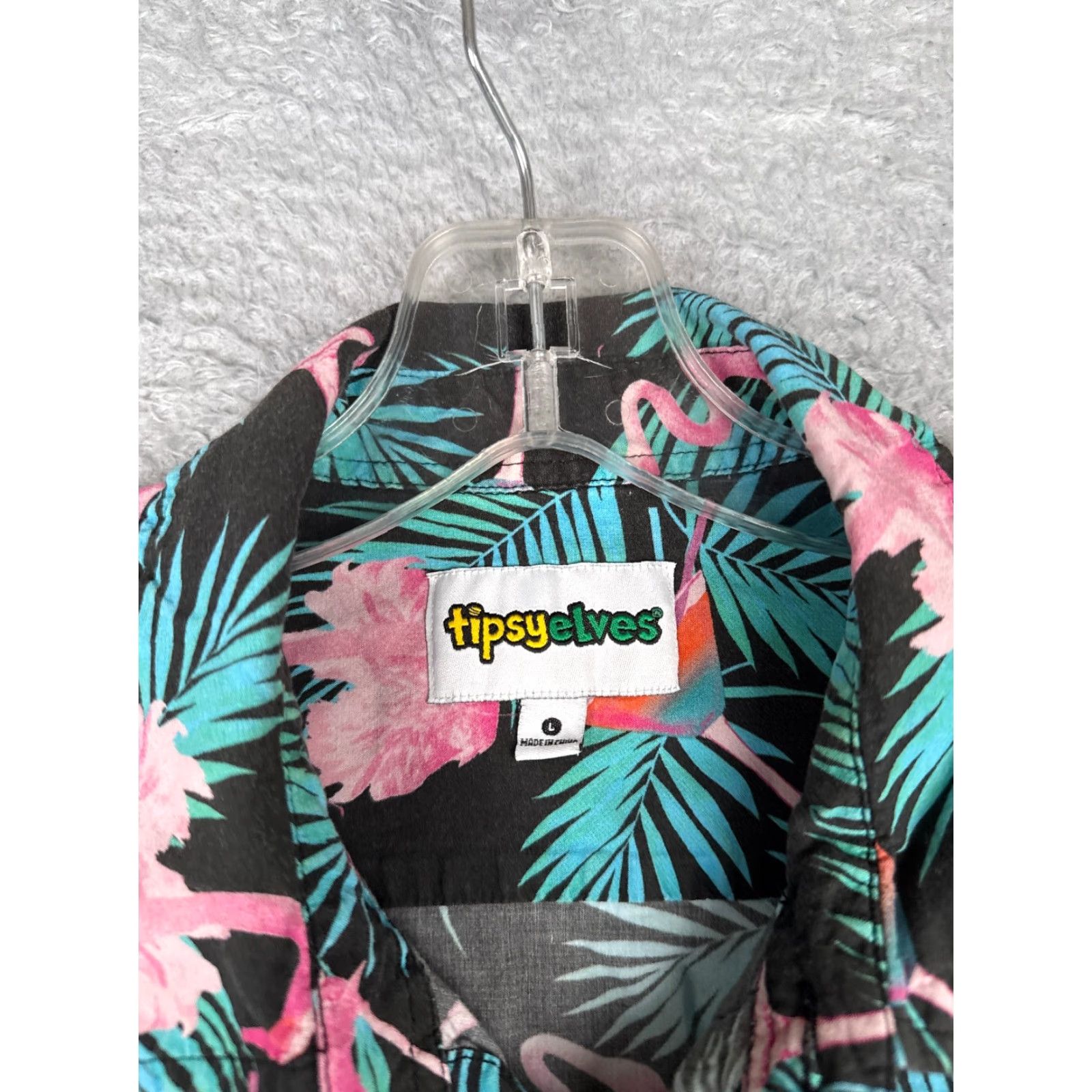 Vintage Tipsy Elves Shirt Men Adult Large Black Floral Flamingo AOP Hawaiian Cotton Blend Button-Up Short Sleeve Size US L / EU 52-54 / 3 - 7 Thumbnail