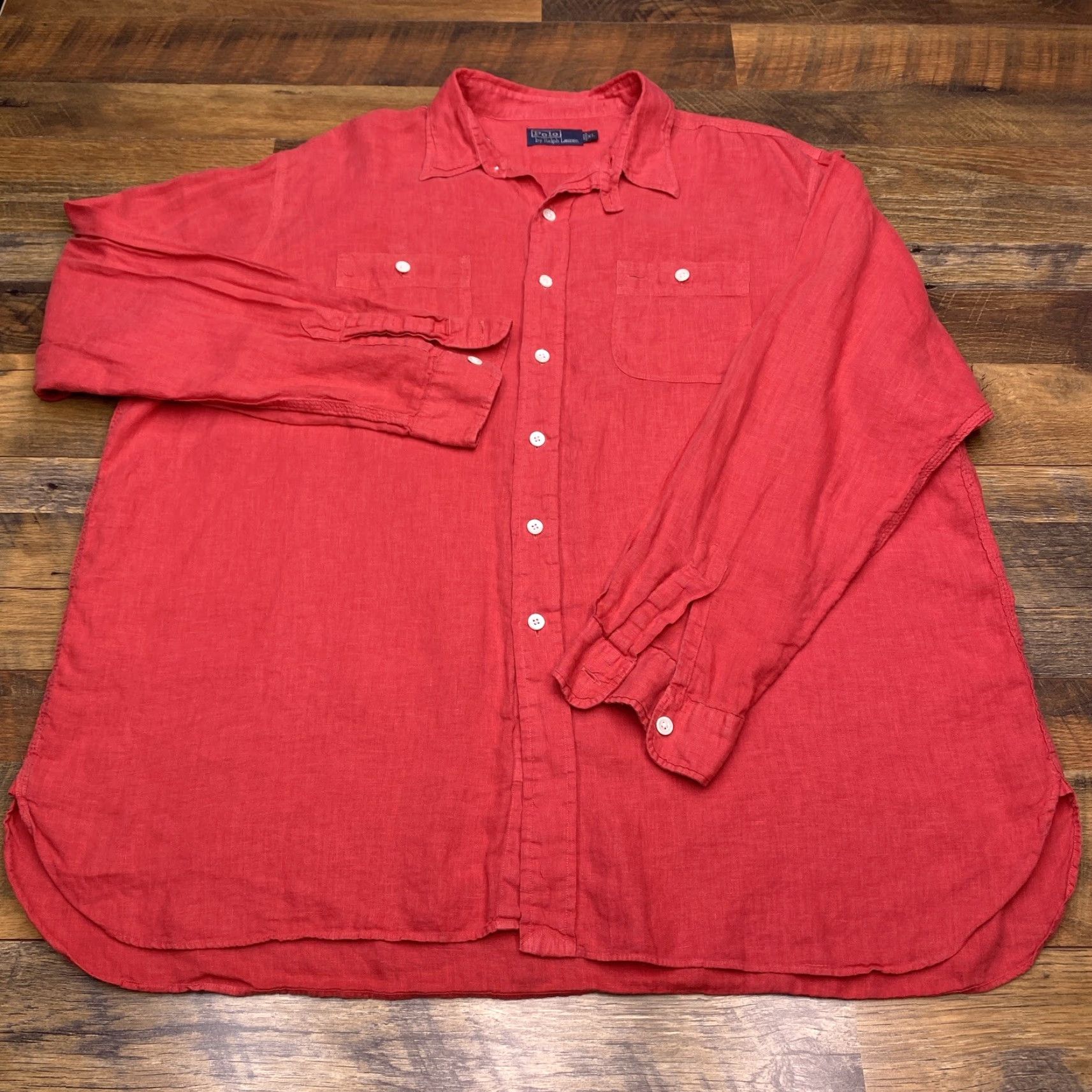 Polo Ralph Lauren VINTAGE Polo Ralph Lauren Shirt Adult XL Red Linen Button-Up Long Sleeve Casual Workwear 1960s 90s Mens Size US XL / EU 56 / 4 - 2 Thumbnail
