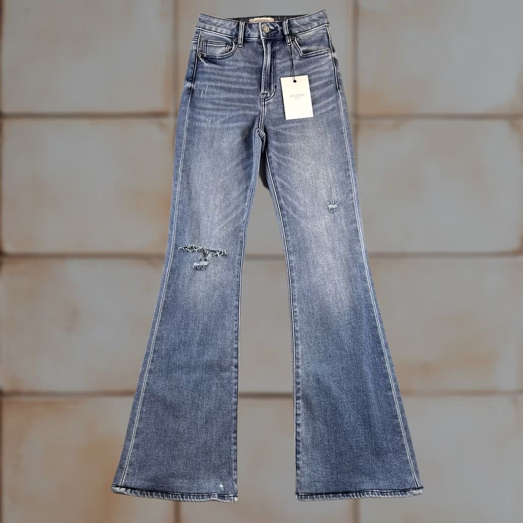 Vintage Hidden Jeans Womens 24 High Rise Flare Denim Blue Distressed NWT Boho 31 Inseam Medium Wash Size 42" / US 20 - 1 Thumbnail