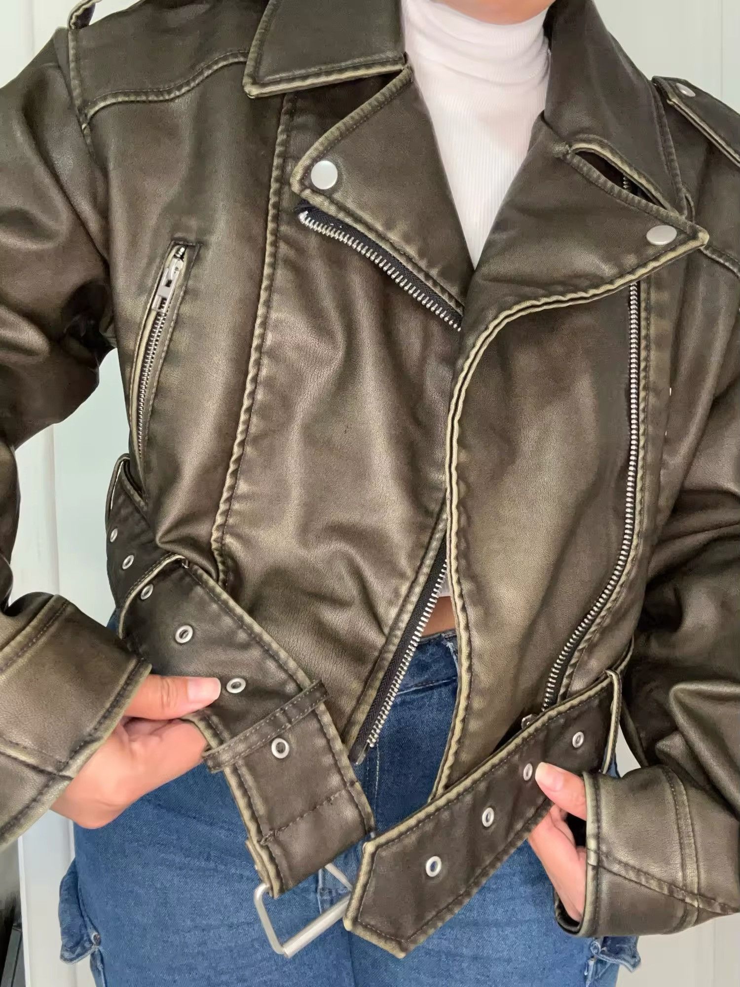 Jean Vintage Loose Zipper Pu Faux Leather Short Jacket Size L / US 10 / IT 46 - 13 Thumbnail