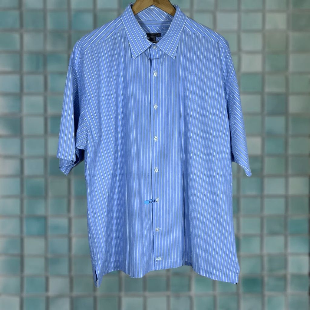 Johnston & Murphy Johnston & Murphy Button-Down Shirt 2XL Blue Striped 100% Cotton Mens Short Sleeve Shirt Size US XXL / EU 58 / 5 - 1 Thumbnail