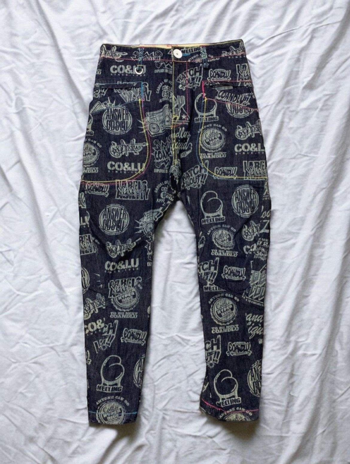 Hysteric Glamour × Japanese Brand Co & Lu Japan Drop Crotch All Over Printed Men Denim Pants Size US 29 - 1 Thumbnail