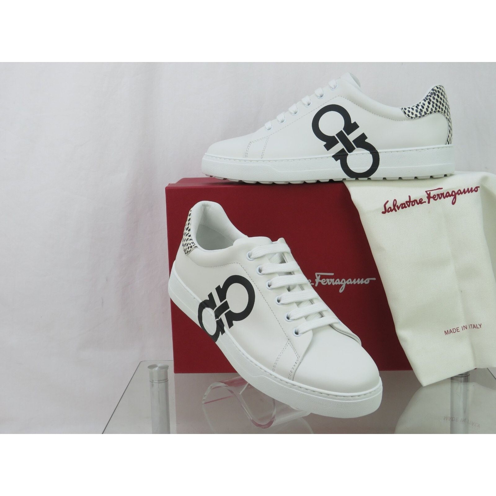 Salvatore Ferragamo FERRAGAMO NUMBER WHITE LEATHER BLACK GANCINI SNEAKERS 10.5 C Size US 10.5 / IT 40.5 - 1 Thumbnail